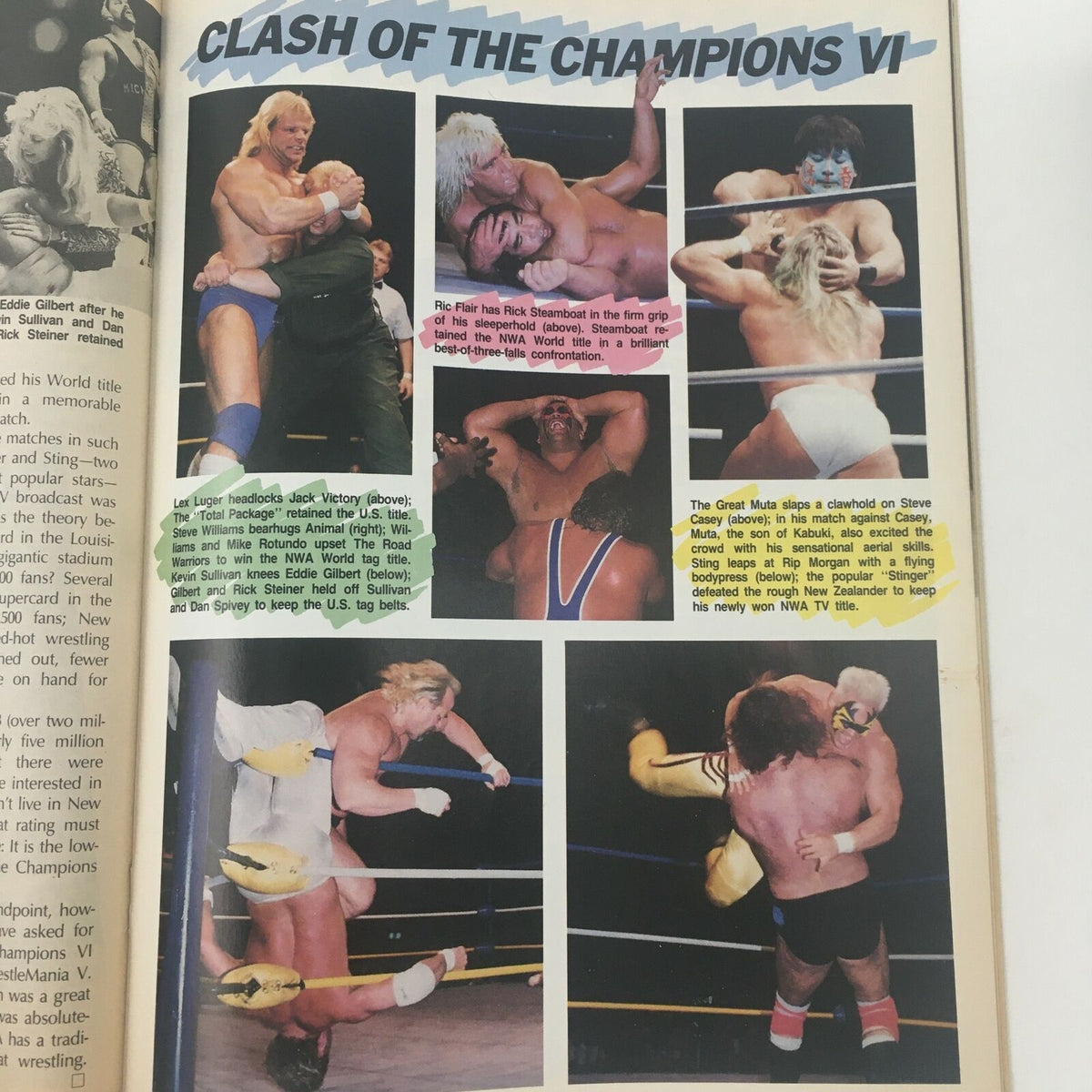 Collage of wrestling action images from The Wrestler Magazine August 1989, highlighting matches from Clash of the Champions VI.