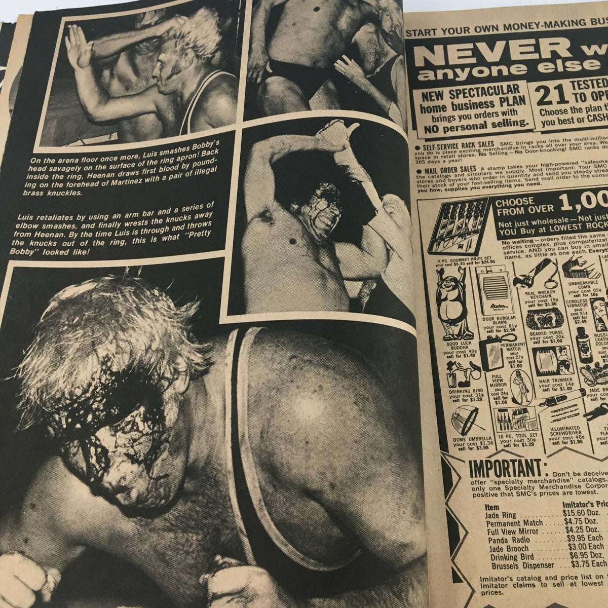 Inside page of Wrestling Guide Magazine December 1974, displaying dramatic black and white images of Bobby Heenan in a wrestling match, illustrating the fierce competition and storytelling of professional wrestling.