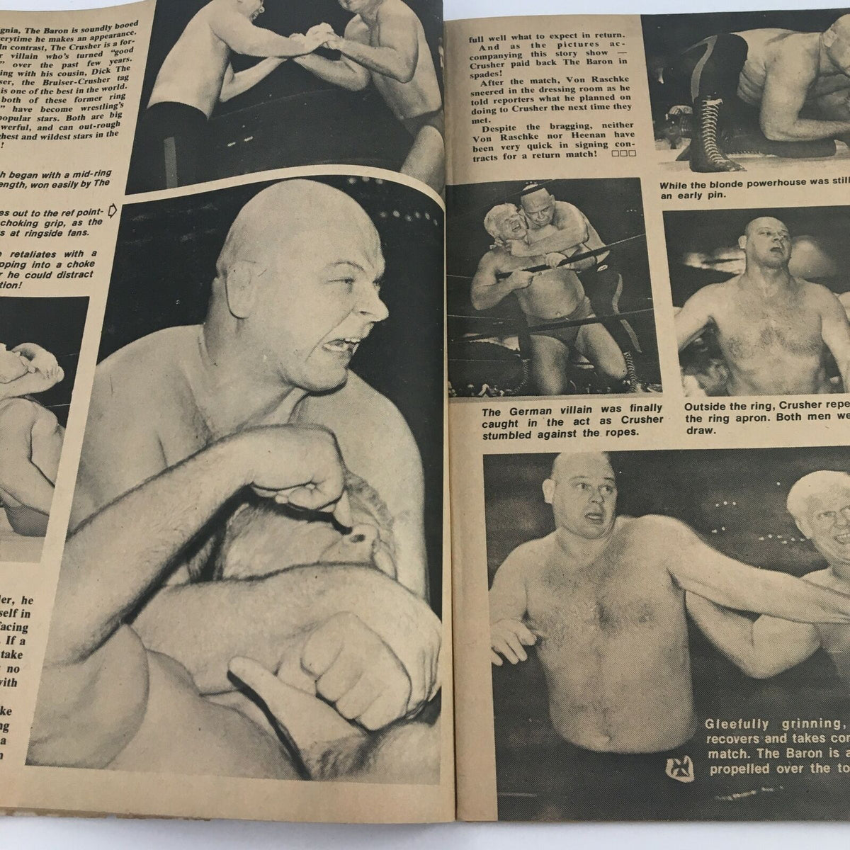 Wrestling Guide Magazine December 1974 showcasing an intense wrestling match with The Baron and Crusher, highlighting their fierce rivalry.