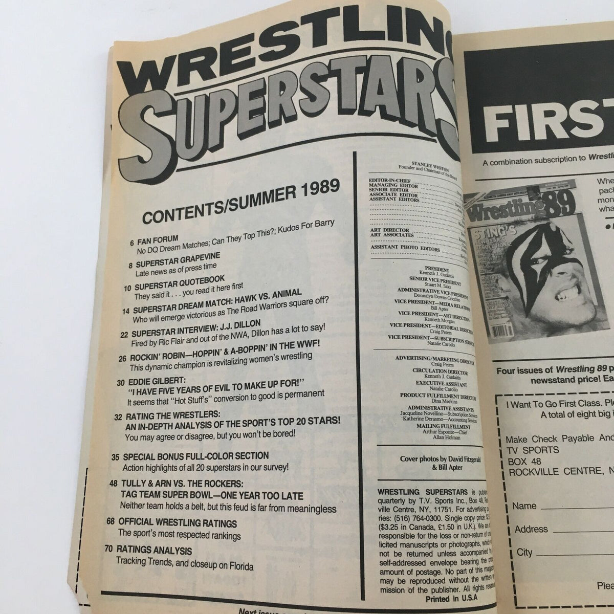 Contents page of Wrestling Superstars Magazine Summer 1989 listing articles and features including Hulk Hogan vs Ted DiBiase & JJ Dillon.