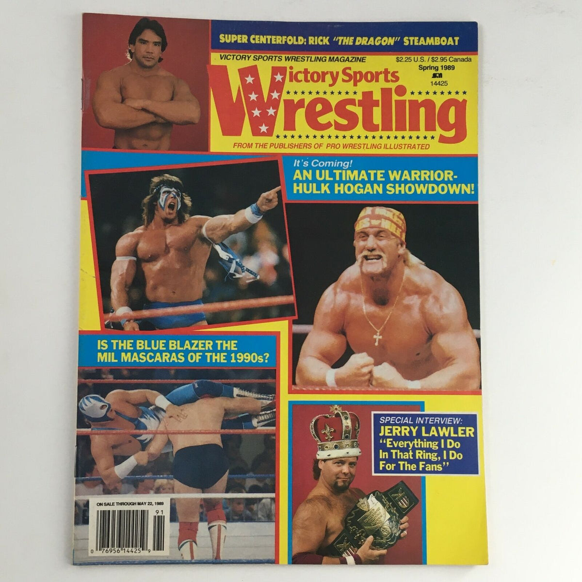Victory Sports Wrestling Magazine Spring 1989 featuring Hulk Hogan, Rick Steiner, and other wrestling icons on the cover. The magazine highlights notable wrestling events and interviews, capturing the excitement of 1980s professional wrestling.