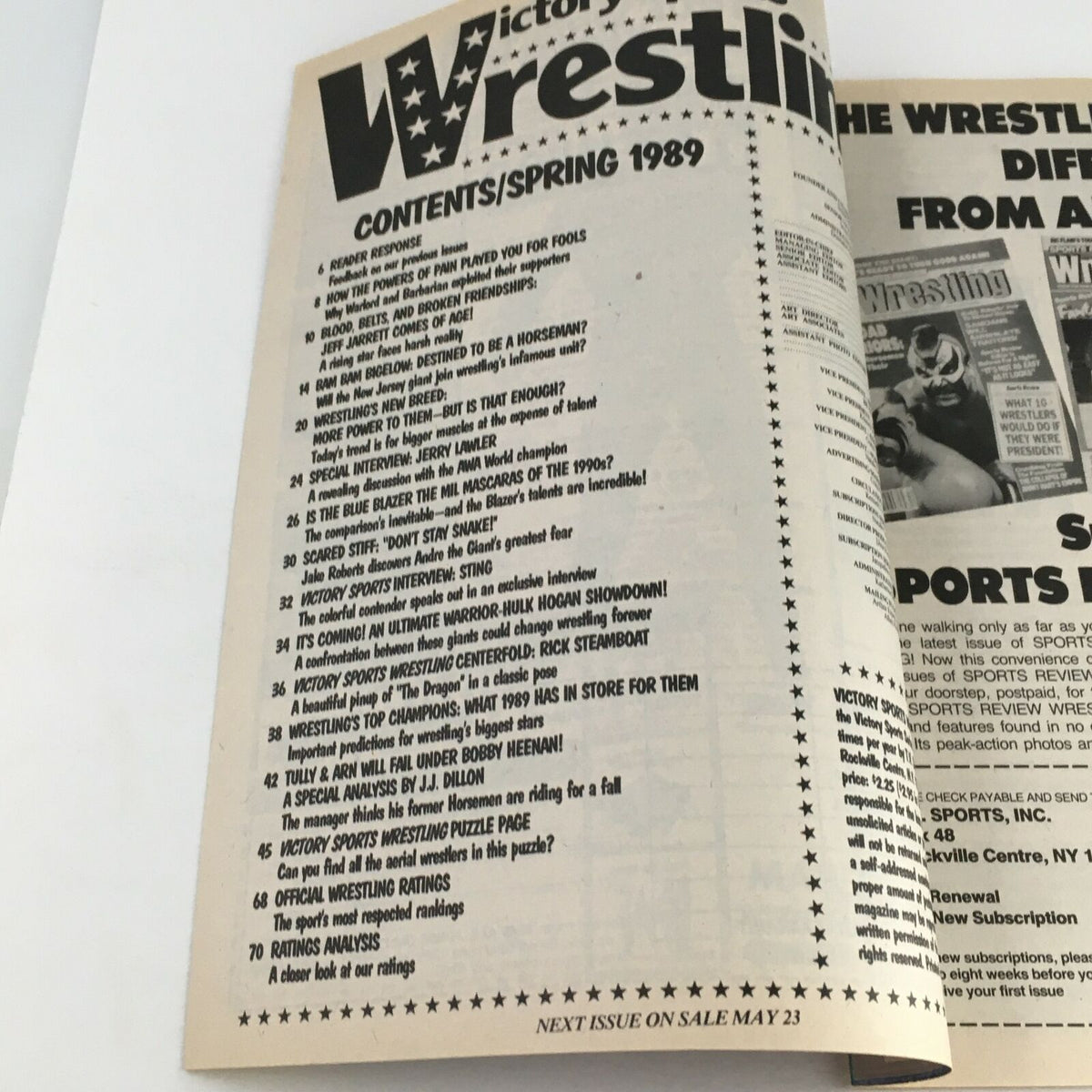 Inside the Victory Sports Wrestling Magazine Spring 1989, displaying the table of contents with feature articles on wrestling legends and events from that era. This page reflects the magazine's rich content dedicated to wrestling.