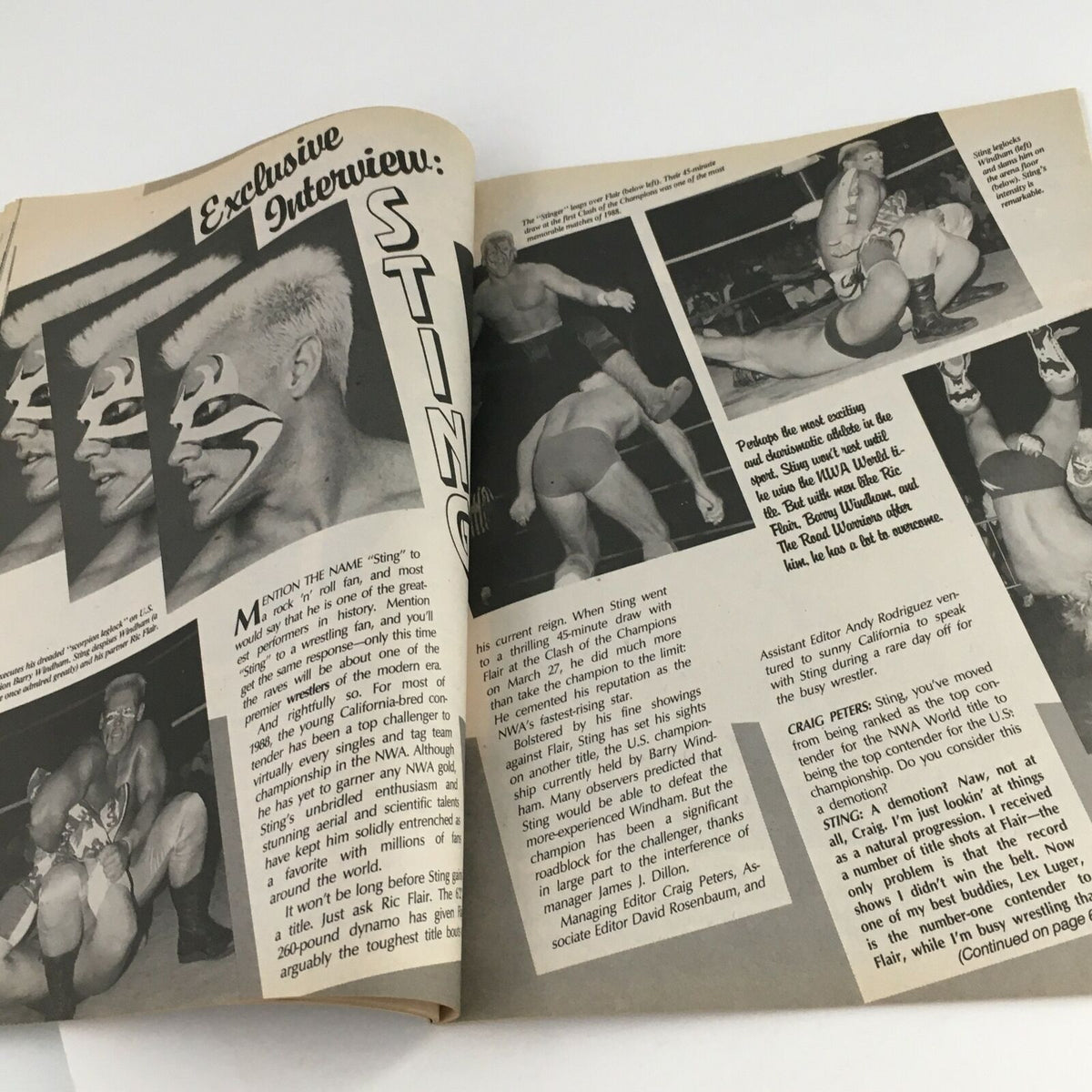 Exclusive interview pages in Victory Sports Wrestling Magazine Spring 1989 featuring professional wrestler Sting, discussing his career in the wrestling world.
