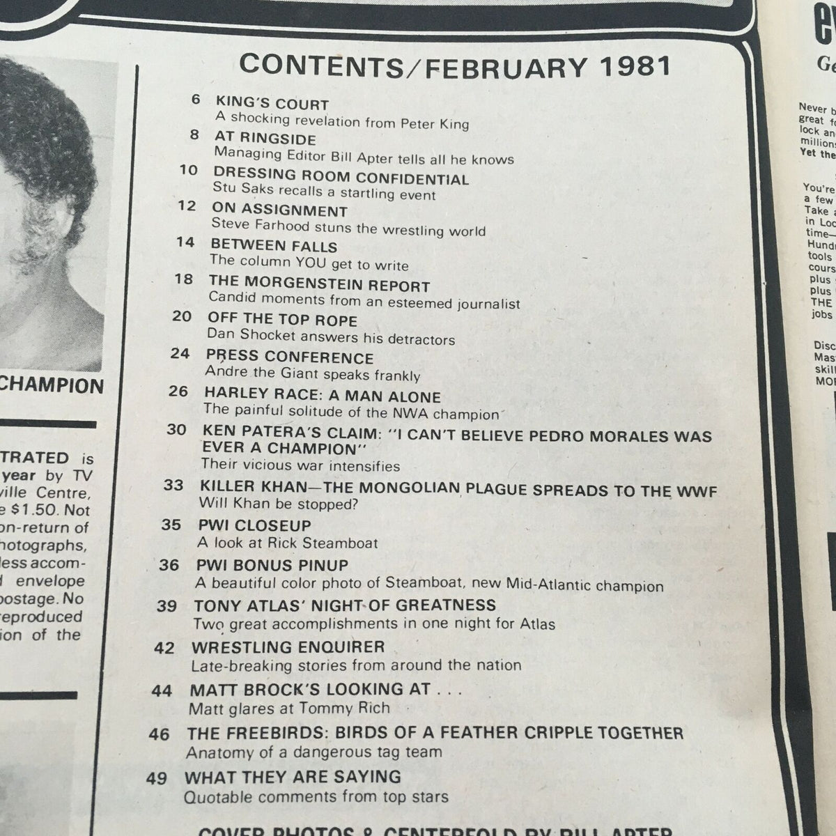 Contents page of Pro Wrestling Illustrated Magazine February 1981 highlighting articles, including an interview with Andre the Giant.