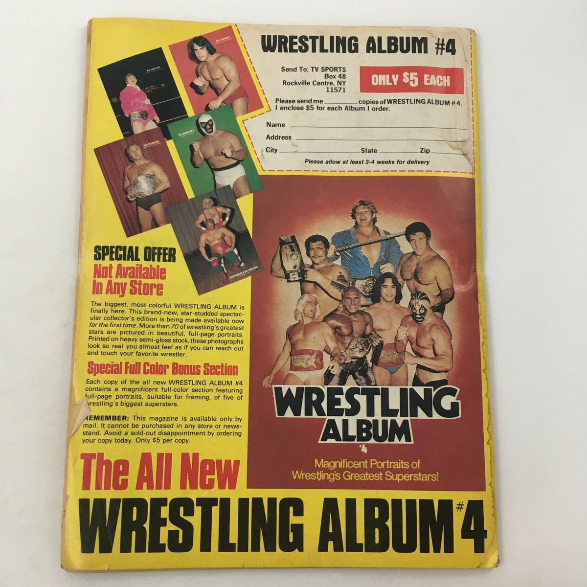 Wrestling Album #4 cover featuring promotional images of famous wrestlers, highlighting a special offer not available in stores, and advertising the full-color bonus section.