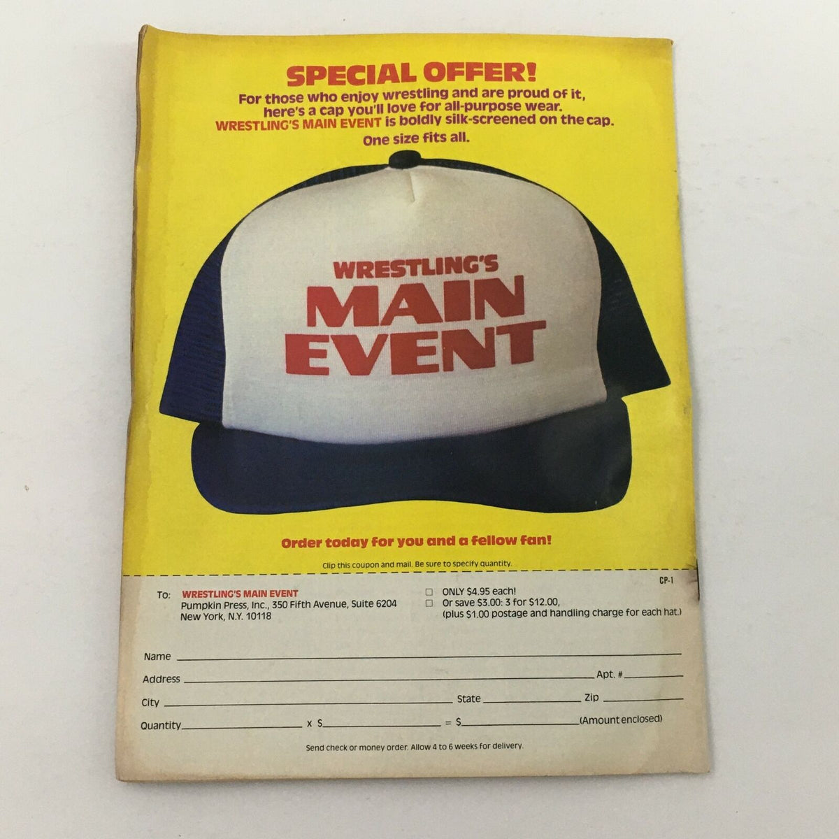 Back cover of Wrestling's Main Event Magazine August 1982 featuring a promotional offer for a cap, showcasing the magazine's logo in bold silk-screen print and a coupon for ordering.
