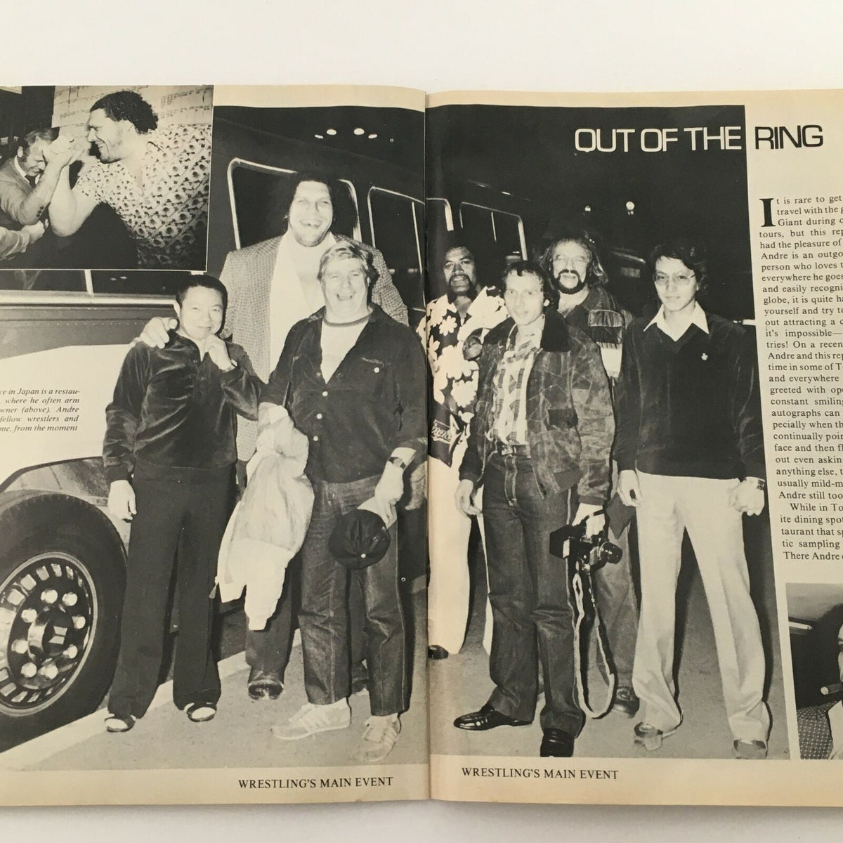 Group photo from Wrestling's Main Event Magazine August 1982 capturing wrestlers and crew members off-stage, highlighting the camaraderie and behind-the-scenes moments in wrestling culture.