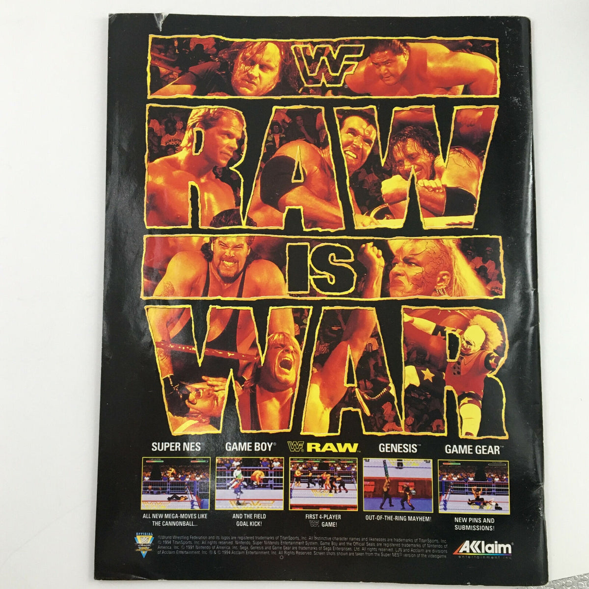 Back cover of the World Wrestling Federation Magazine December 1994 featuring Doink The Clown, showcasing the 'RAW is WAR' theme with images of wrestlers and video game advertisements.