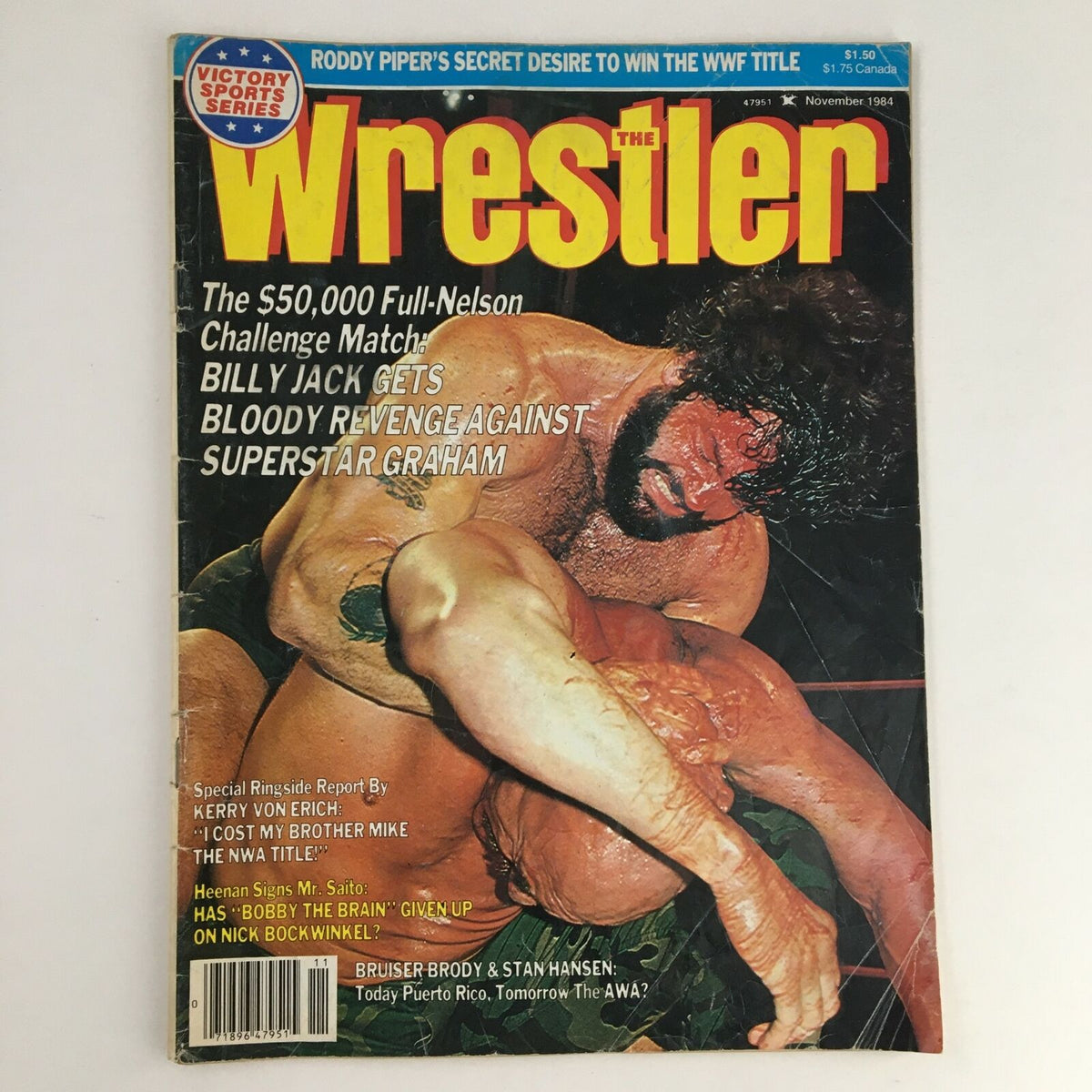 The Wrestler Magazine November 1984 cover featuring Billy Jack getting revenge against Superstar Graham, showcasing wrestling action and vibrant graphics.