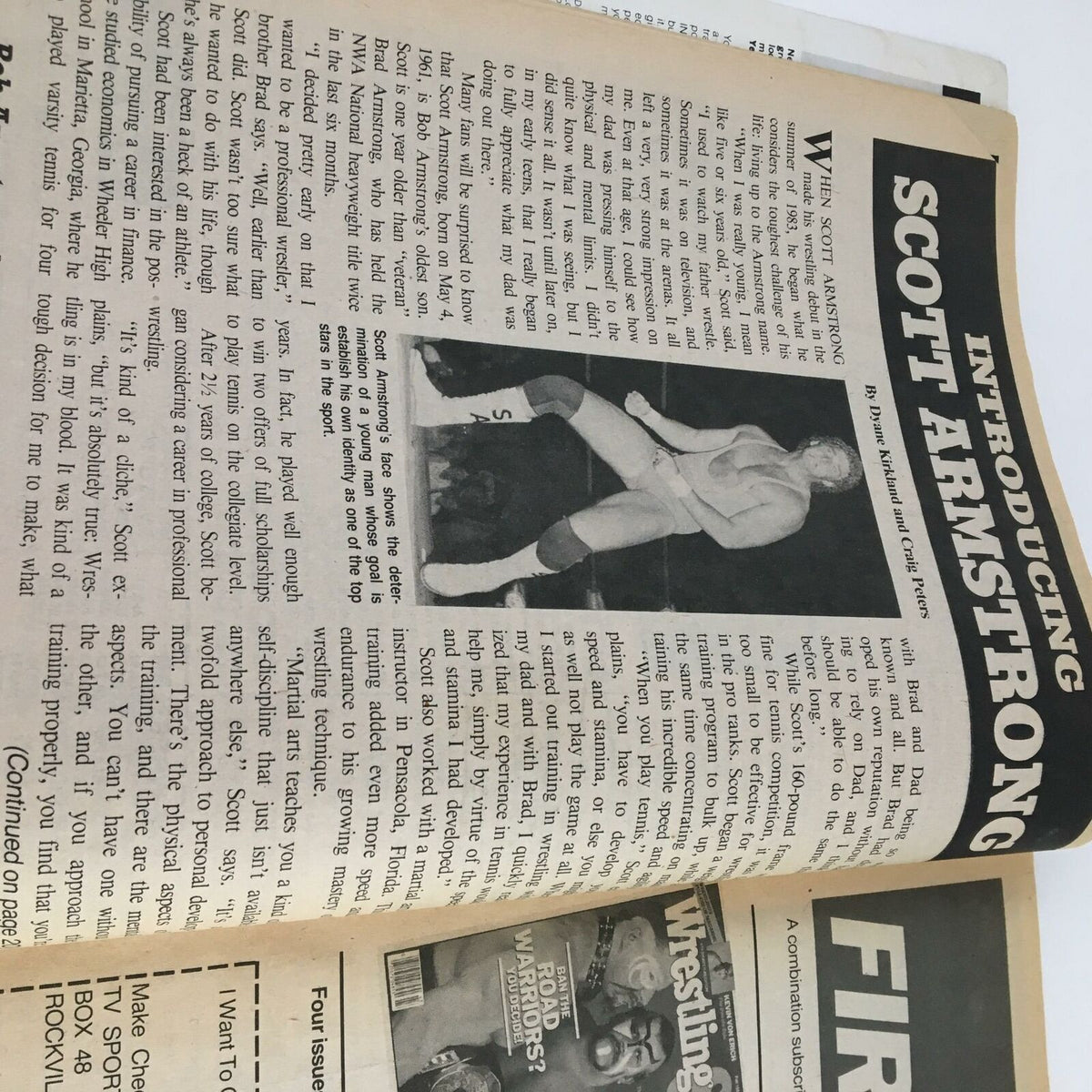 Inside page of The Wrestler Magazine November 1984 featuring an article introducing wrestler Scott Armstrong, highlighting his career and background.