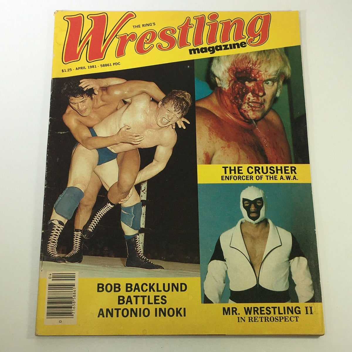 Cover of VTG The Ring's Wrestling Magazine April 1981 featuring Bob Backlund vs Antonio Inoki, showcasing notable wrestlers and highlights from the era.