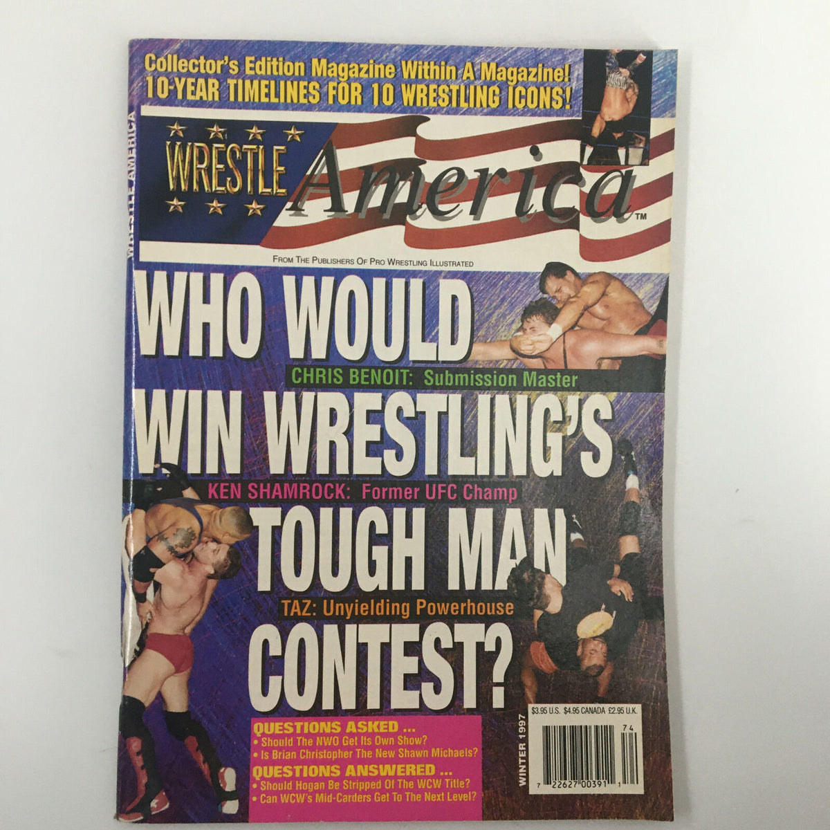 Cover of Wrestle America Magazine Winter 1997 featuring Chris Benoit, Ken Shamrock, and Taz. The cover poses the question 'Who Would Win Wrestling's Tough Man Contest?' highlighting the era's iconic wrestlers.