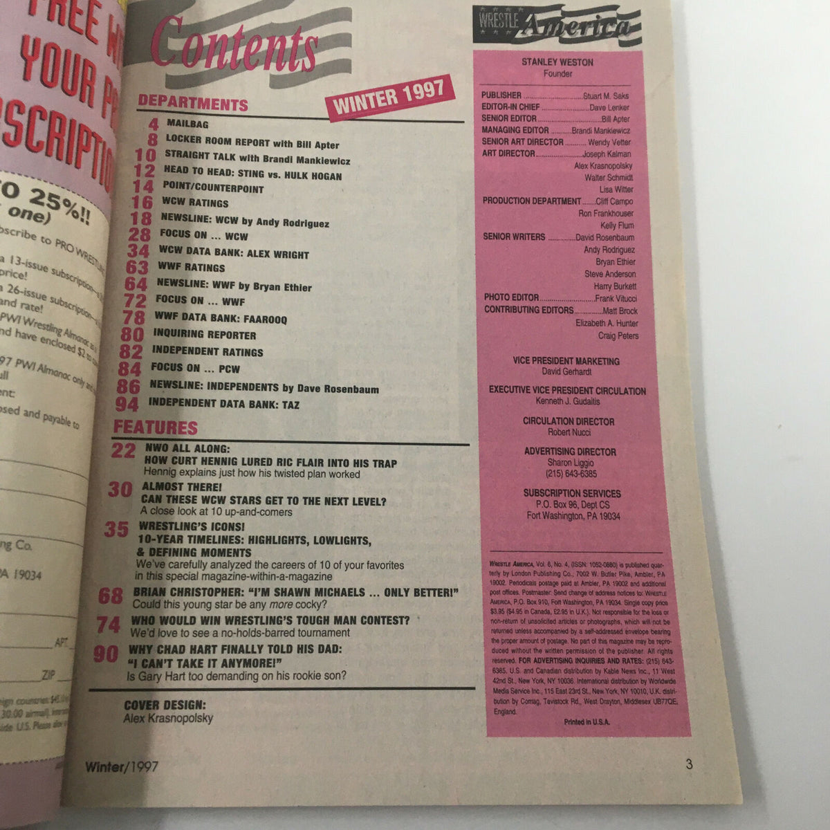 Contents page of Wrestle America Magazine Winter 1997 outlining departments and featured articles, including highlights on wrestling icons and wrestling's tough man contest.