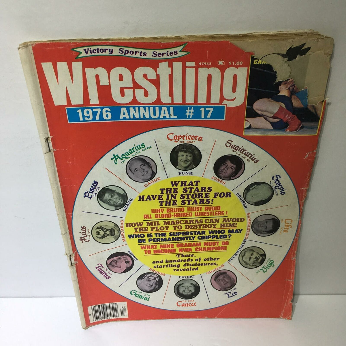 Cover of Wrestling 1976 Annual #17 - What the Stars Have in Store for the Stars, featuring an eye-catching red design with images of wrestlers and astrological signs.
