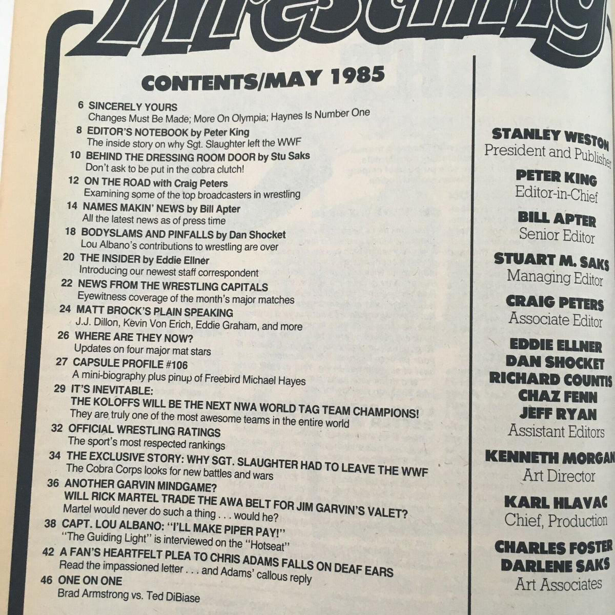 Table of contents from Inside Wrestling Magazine May 1985 featuring articles on Rick Martel, Jim Garvin, and Sgt. Slaughter.