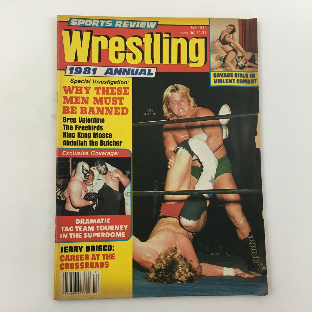 Cover of Sports Review Wrestling Magazine Fall 1981 featuring Greg Valentine and The Freebirds in a wrestling match.