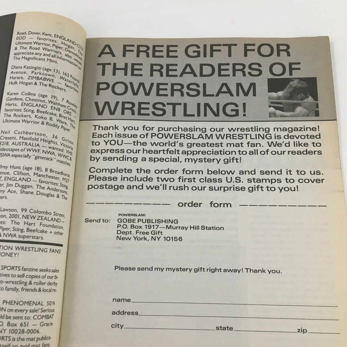 Promotional page from Power Slam Wrestling Magazine November 1990, offering free gifts for readers.