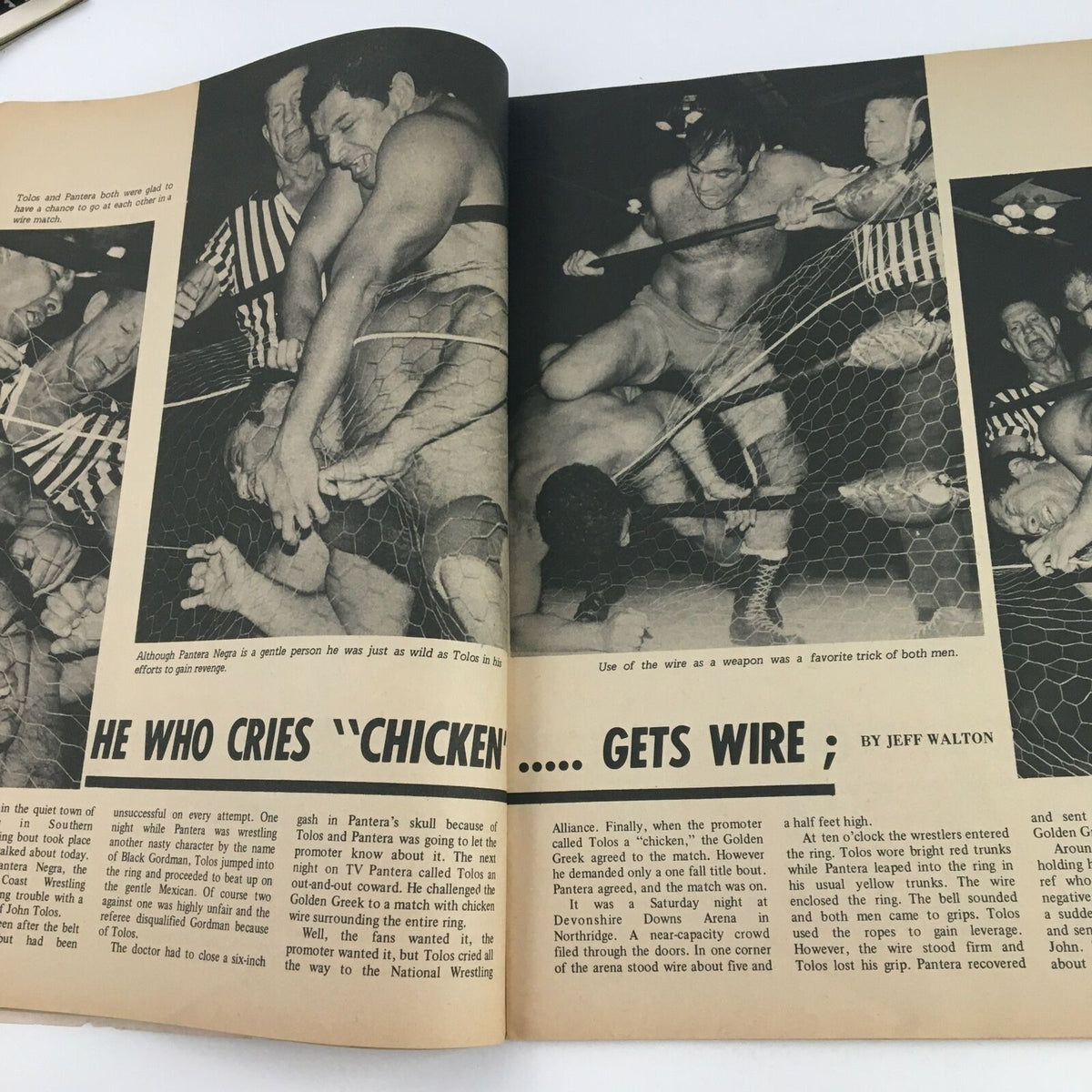 Dramatic wrestling moments from the July 1971 Wrestling Revue Magazine, highlighting a match involving Tolof and Pantera.