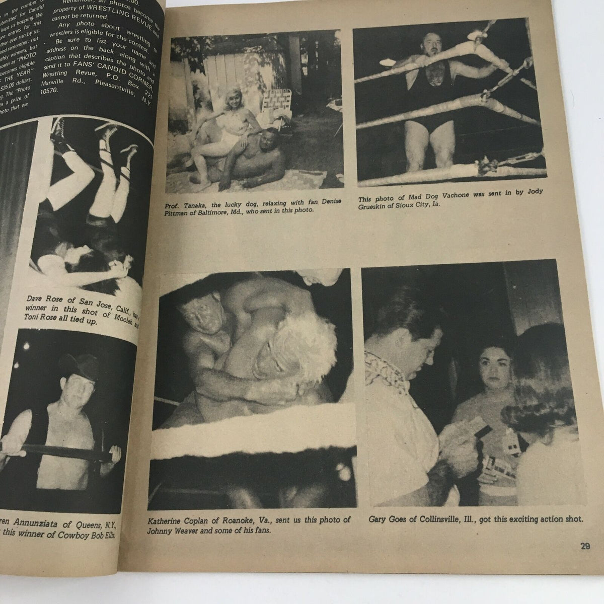 Fan engagement and candid photos of wrestling enthusiasts in the July 1971 Wrestling Revue Magazine, displaying light-hearted moments.
