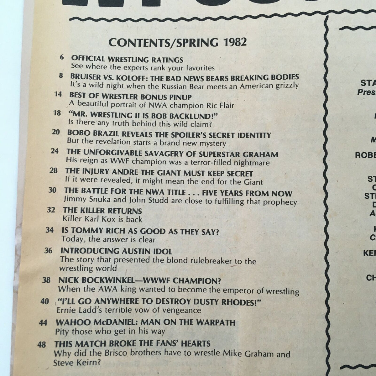 The Best of the Wrestler Magazine Spring 1982 table of contents showcasing articles about wrestling legends such as Andre the Giant and Tommy Rich, providing insights into the wrestling world of the era.