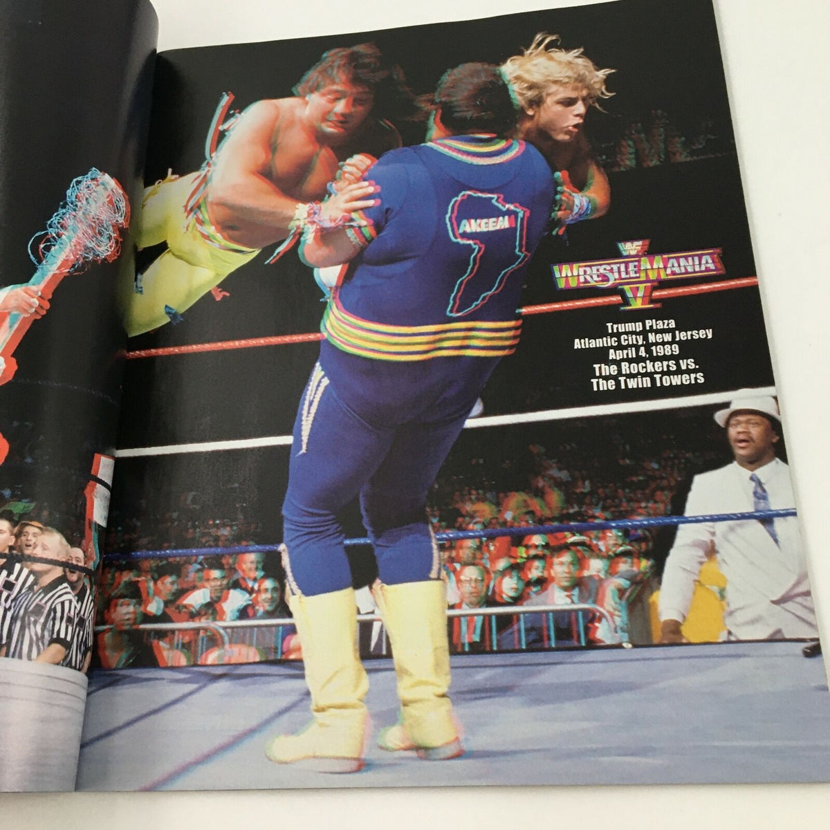 WWE Present 2004 Wrestle Mania featuring the Rockers vs the Twin Towers, showcasing action from a wrestling match at Trump Plaza in Atlantic City.