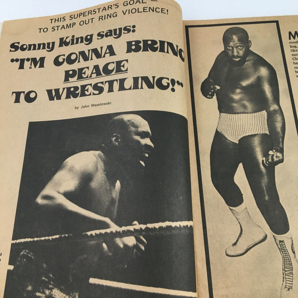 An interior page from 'The Big Book of Wrestling' May 1973 featuring a focus on Sonny King with a strong statement about bringing peace to wrestling. This magazine highlights wrestling personalities and captures the essence of the era.