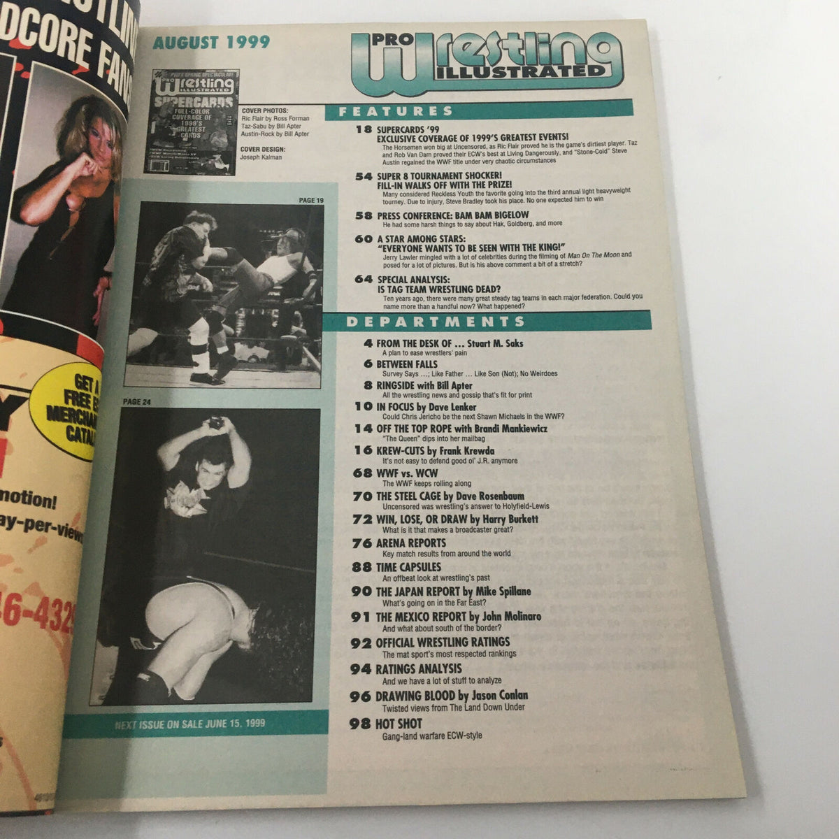 Inside page of Pro Wrestling Illustrated August 1999 showcasing the features and departments, including highlights of wrestling events and upcoming stories.