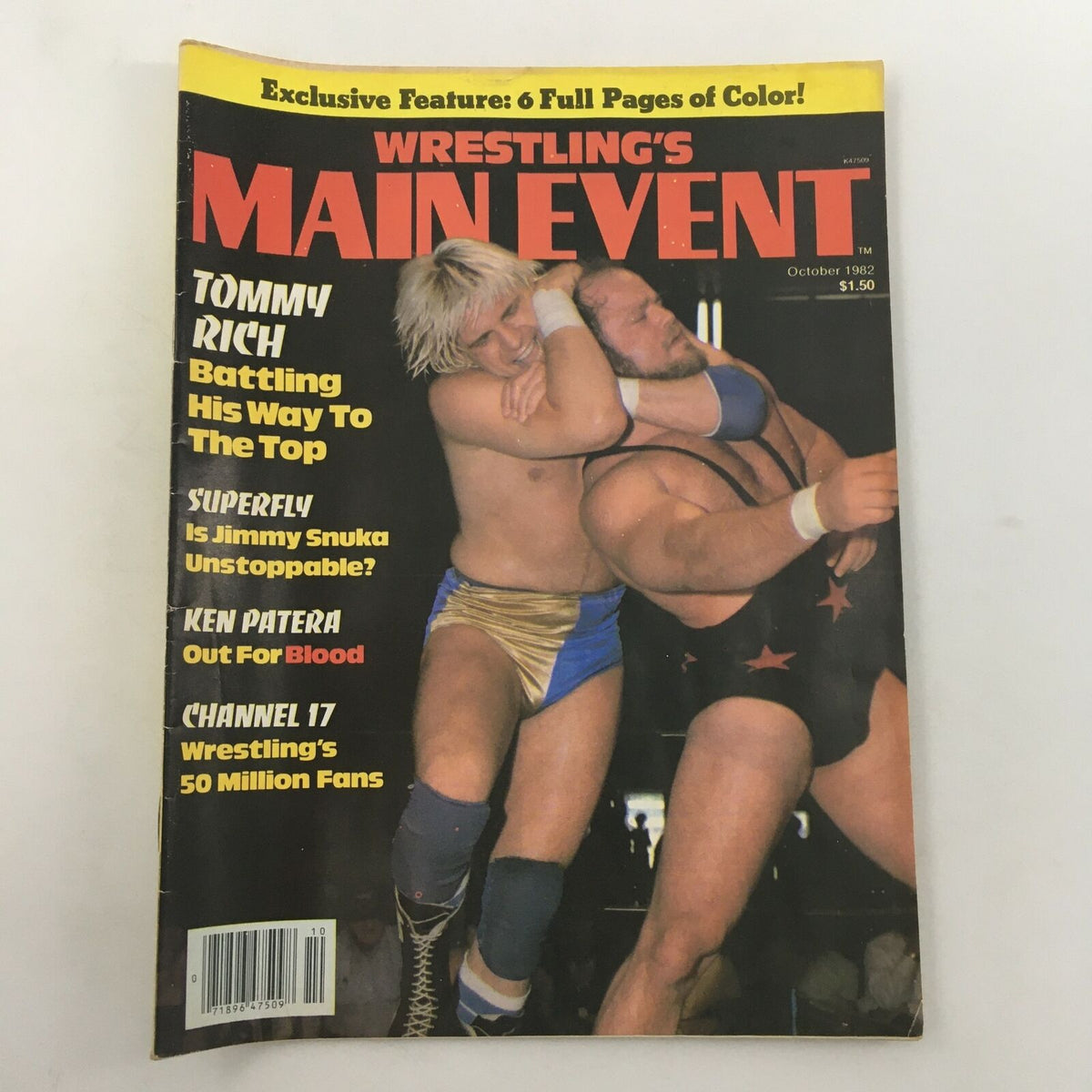 Cover of Wrestling's Main Event Magazine from October 1982 featuring Tommy Rich and Ken Patera in a wrestling match, highlighting articles on famous wrestlers.