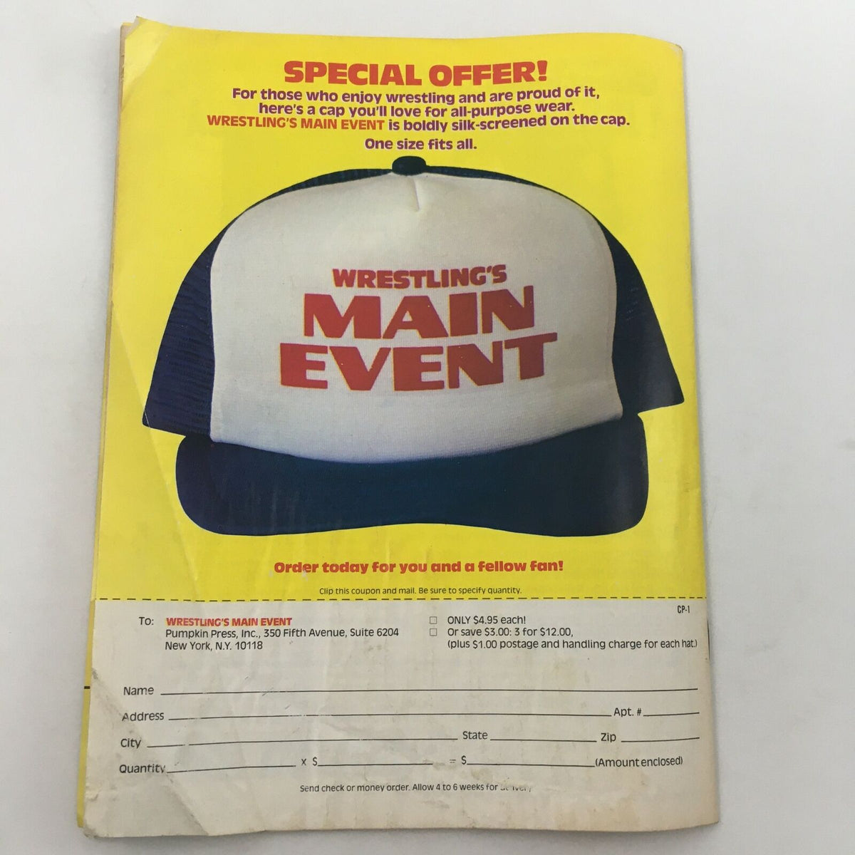 Back cover of Wrestling's Main Event Magazine October 1982 featuring a special offer for a cap with 'Wrestling's Main Event' silk-screened. Ideal for collectors and wrestling enthusiasts.