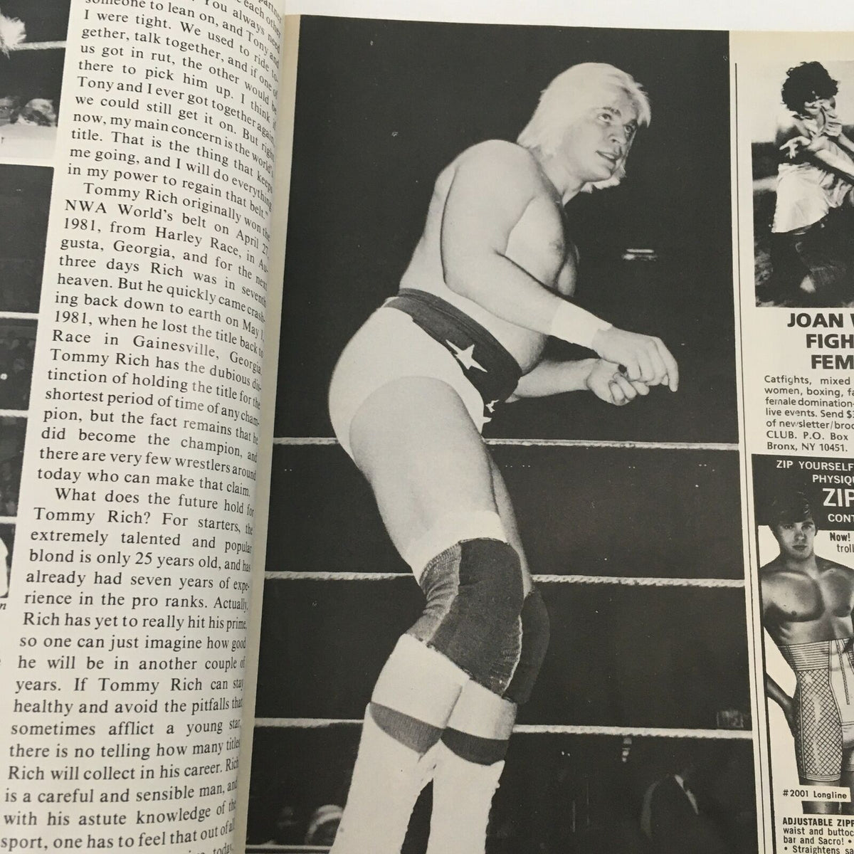 Black and white image of wrestler Tommy Rich in the ring, featured in Wrestling's Main Event Magazine October 1982. Capturing the dynamic action of early 80s professional wrestling.