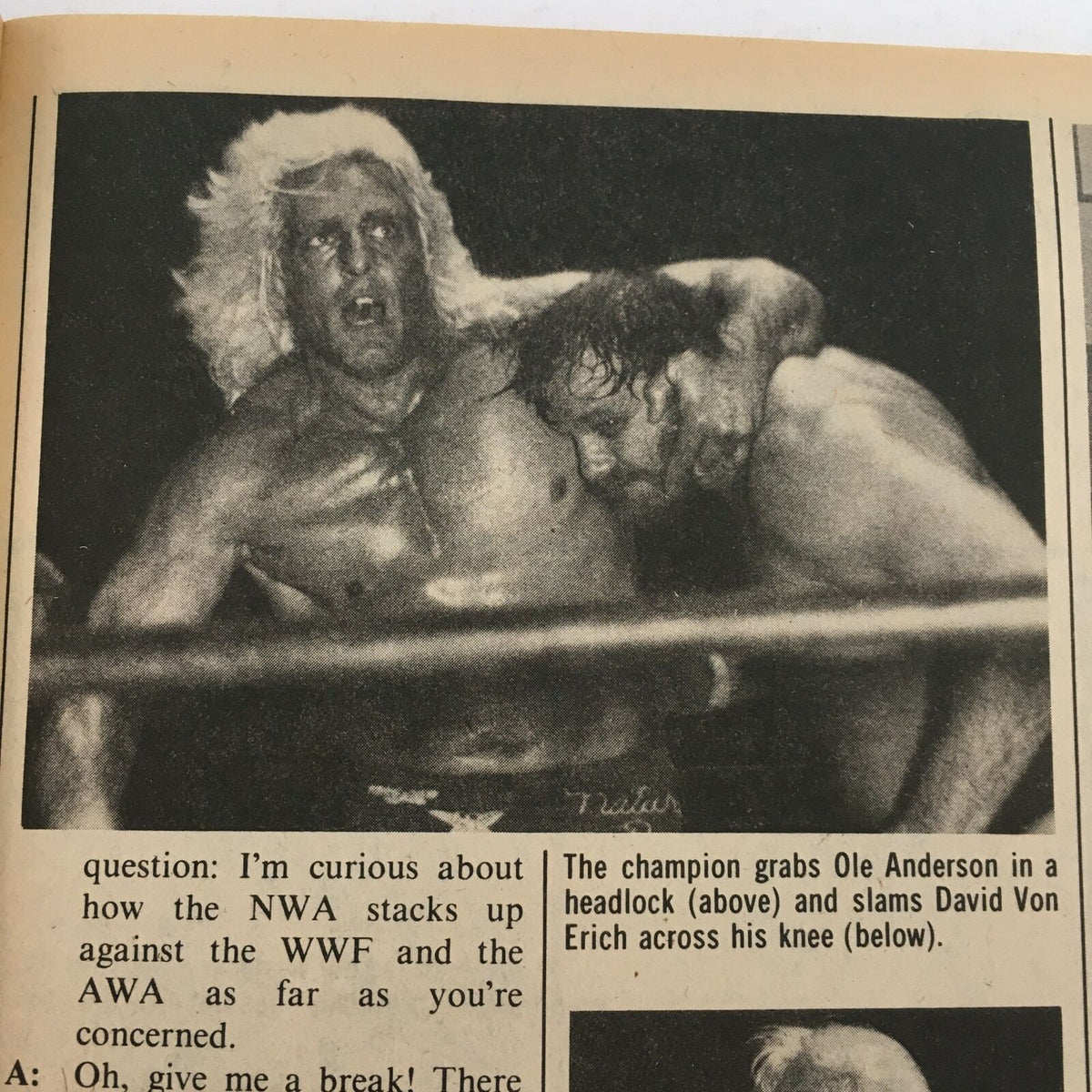 Page from Inside Wrestling Magazine February 1982, displaying a black and white photo of a wrestling match including Ole Anderson and David Von Erich, depicting the athletic rivalry of the era.