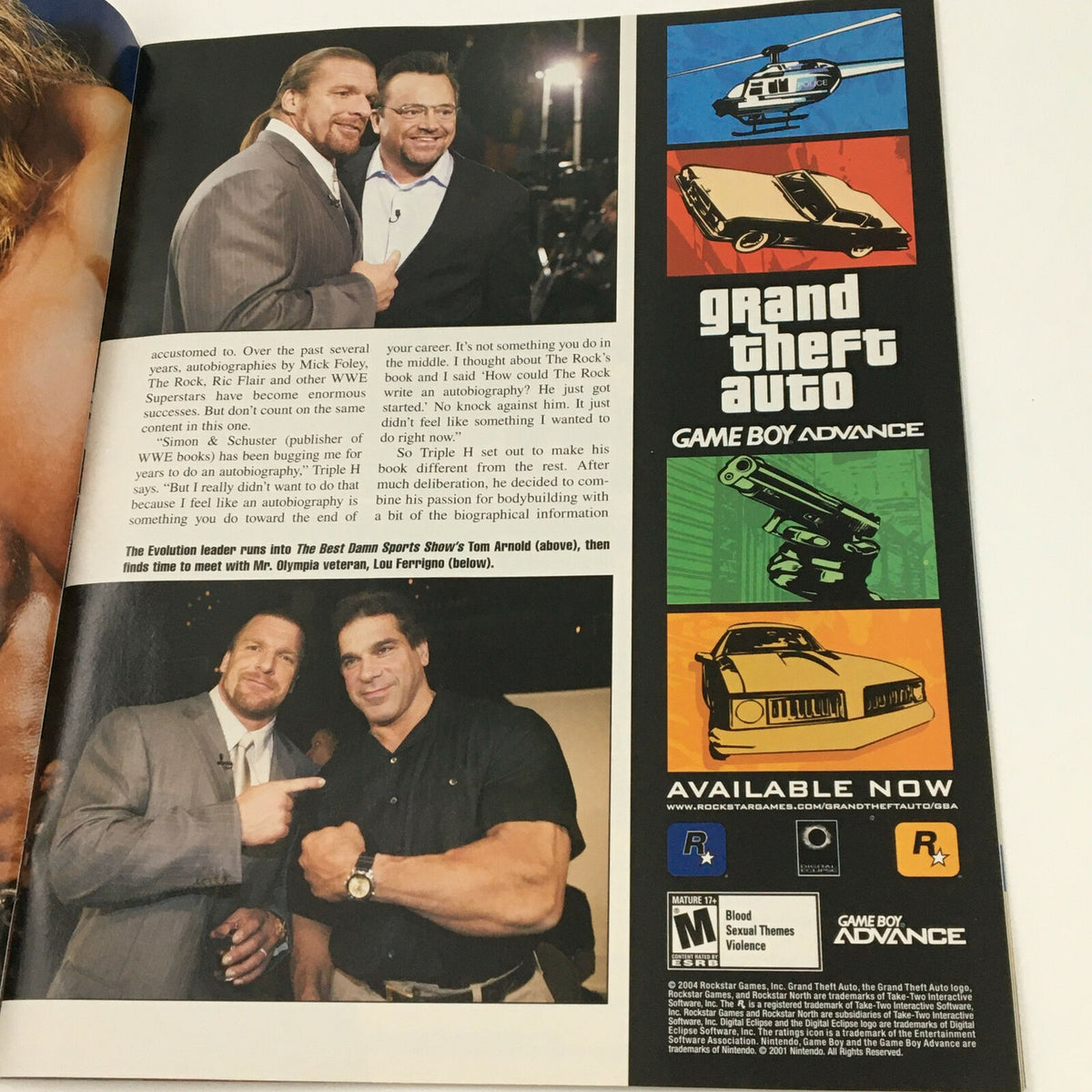 WWE Raw Magazine Holiday 2004 featuring Triple H and Randy Orton, showcasing a vintage photograph of the wrestlers interacting with fans at an event.
