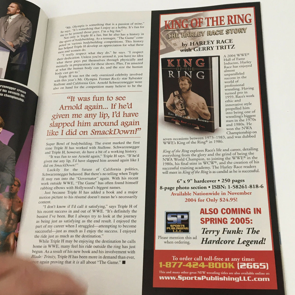 WWE Raw Magazine Holiday 2004 interior page featuring a quote from superstar Harley Race and an advertisement for his book, illustrating wrestling history and narratives.