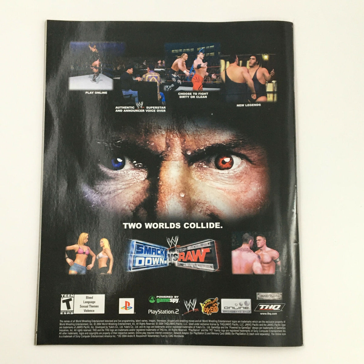 WWE Raw Magazine Holiday 2004 back cover featuring an advertisement for the SmackDown vs. RAW video game, highlighting the thrilling wrestling experience.