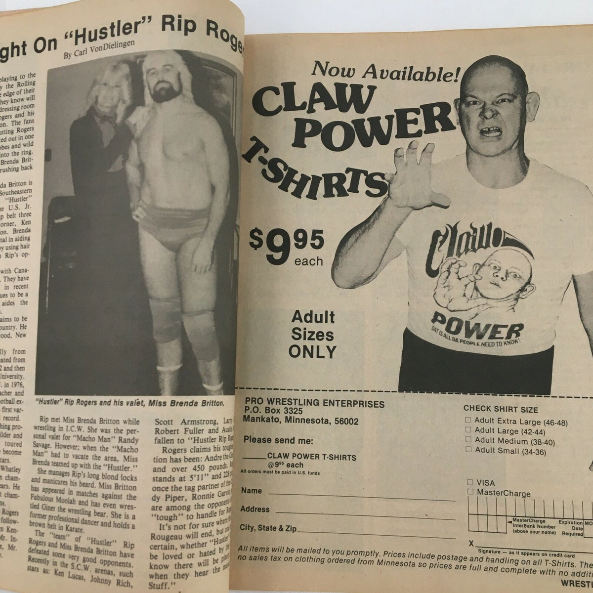 Wrestling Revue Magazine September 1984, page showcasing an advertisement for Claw Power T-Shirts featuring wrestler Rip Rogers, bringing nostalgia from the mid-80s wrestling era.