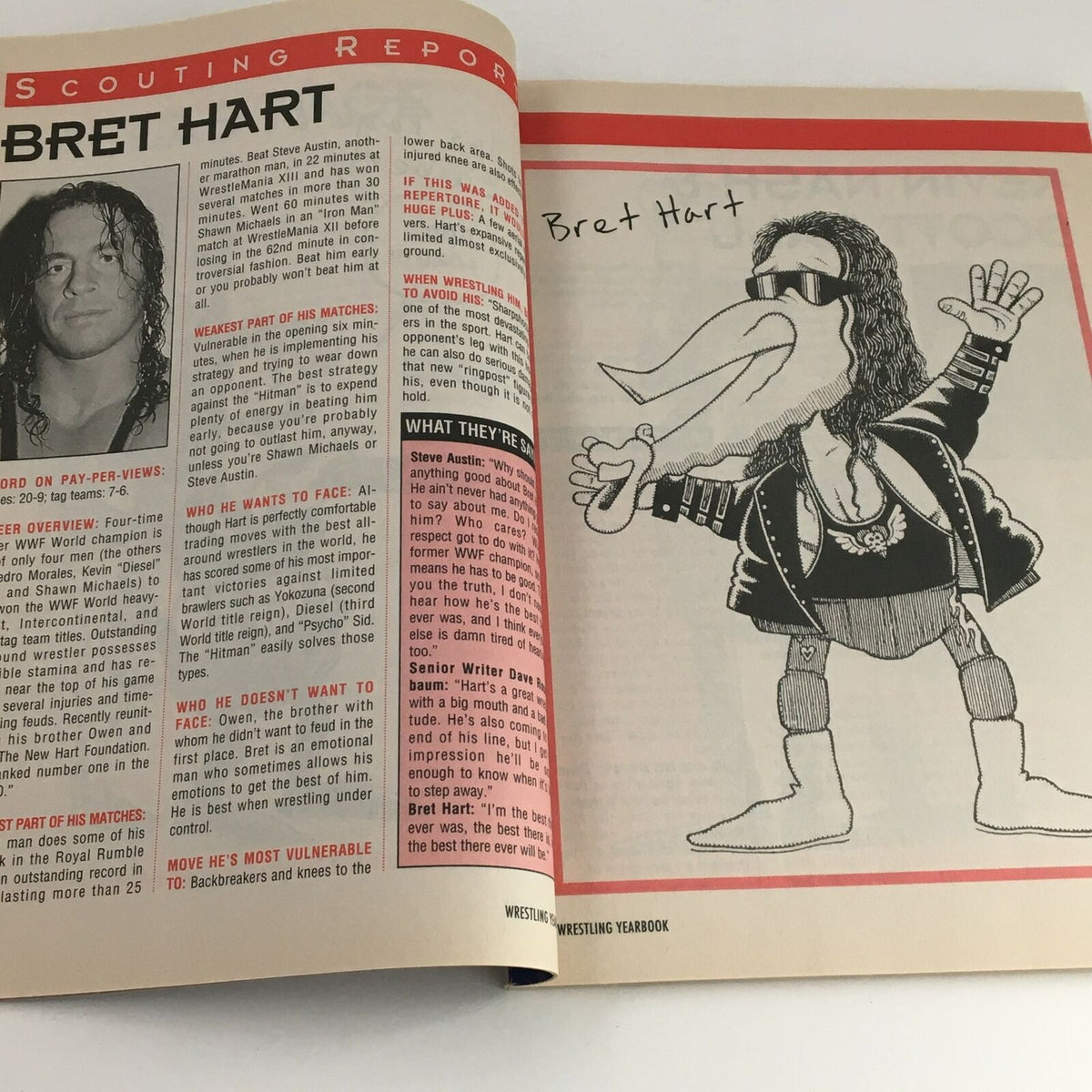 Scouting report of Bret Hart from Wrestling Yearbook Winter 1997, detailing his wrestling overview, vulnerabilities, and match strategies alongside an illustrated caricature.