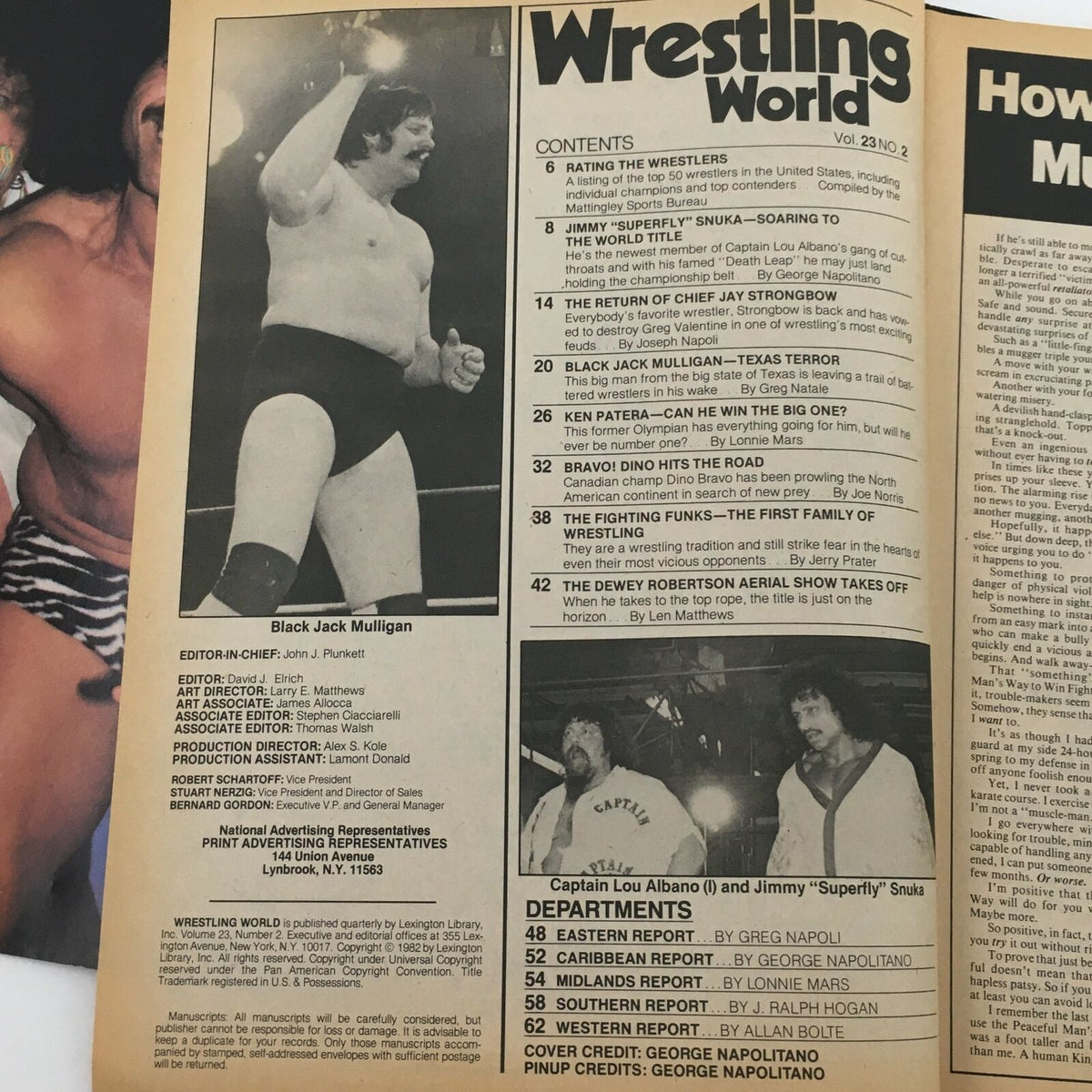 Interior page from Wrestling World Magazine Summer 1982, showcasing content highlights including Black Jack Mulligan and Jimmy Snuka, along with features on top wrestlers of the era.