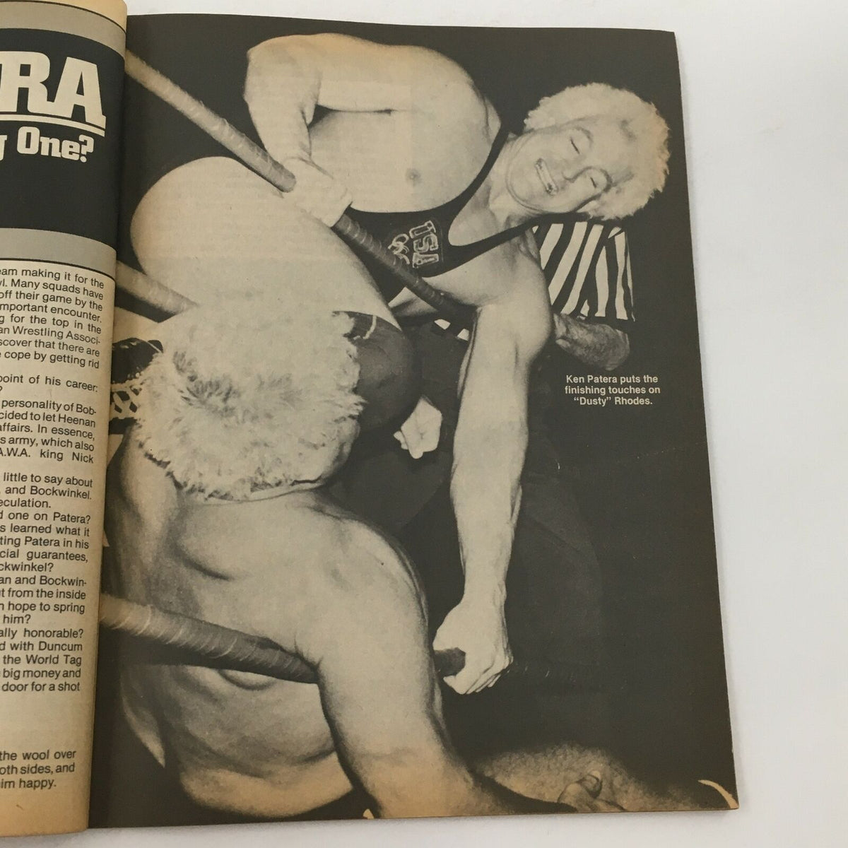 Inside page of Wrestling World Magazine Summer 1982 depicting Ken Patera in action, illustrating classic wrestling bouts from the 1980s.