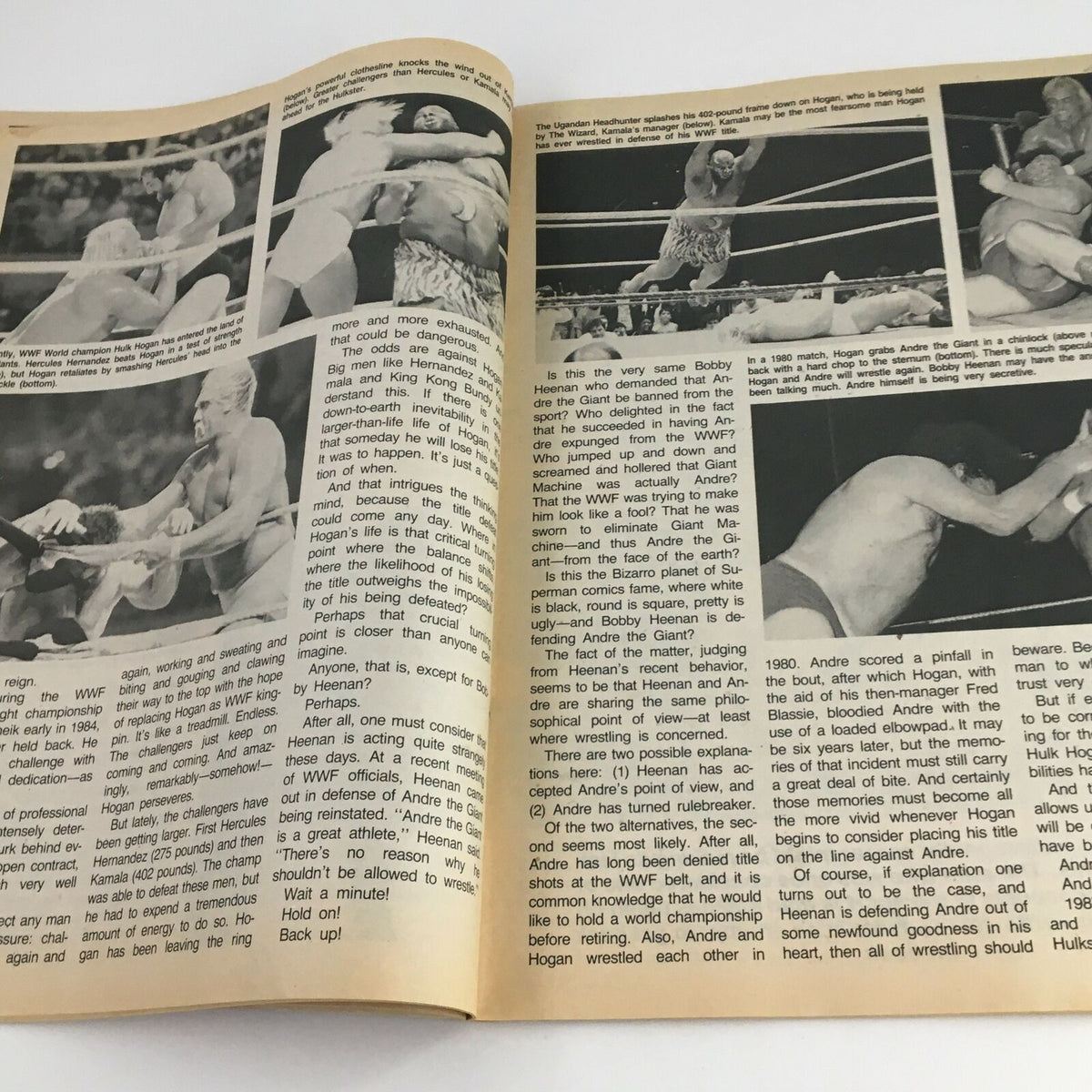 Action shots from wrestling matches featured in The Wrestler Magazine April 1987, illustrating memorable moments with Hulk Hogan.