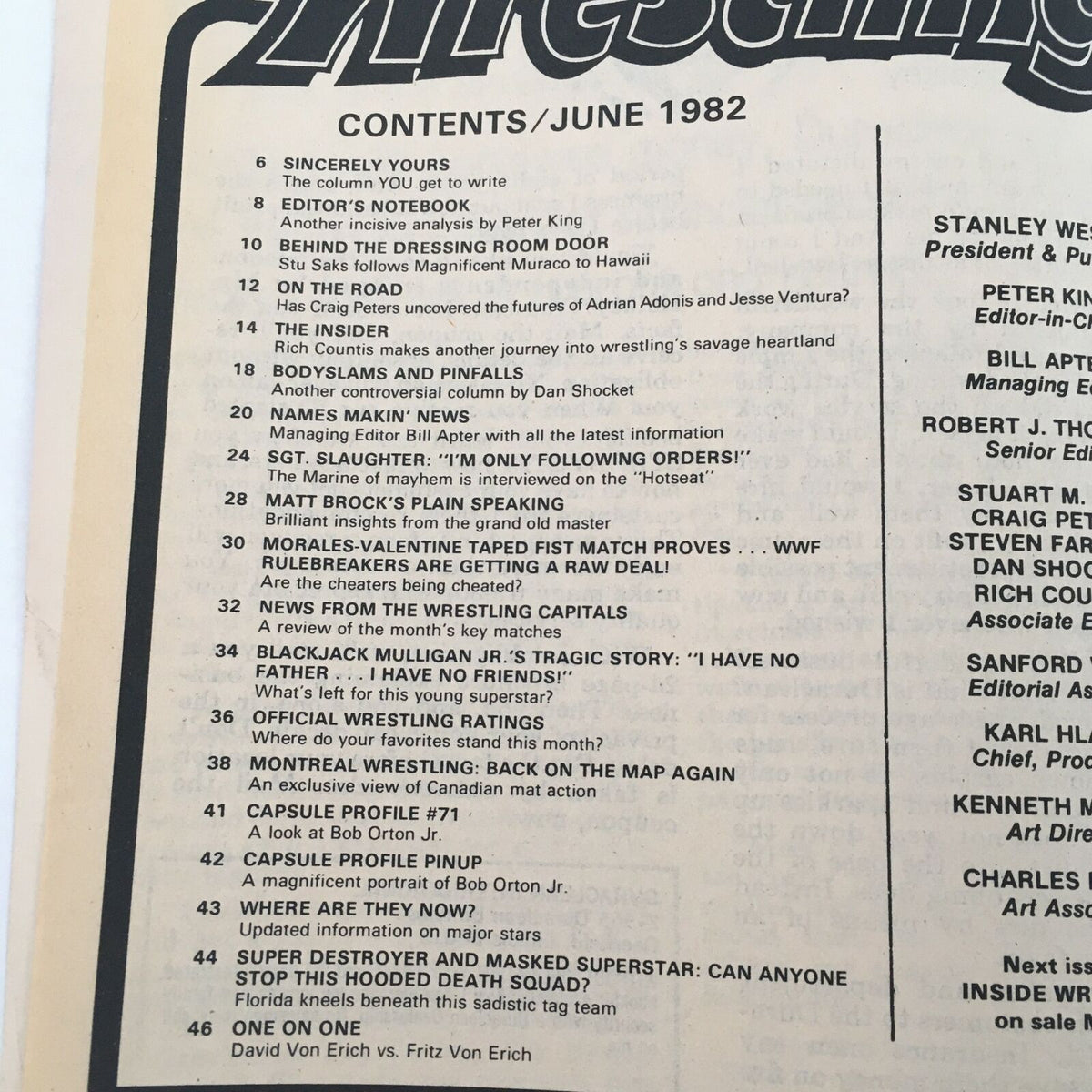 Inside Wrestling Magazine June 1982 contents page listing various articles including features on wrestling legends and events.