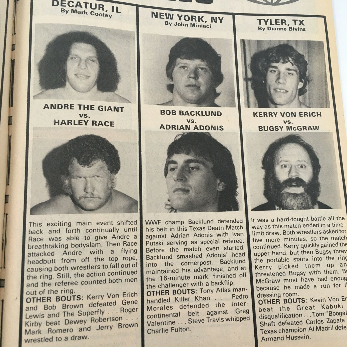 Match listings in Inside Wrestling Magazine June 1982, showcasing Andre the Giant vs Harley Race and additional wrestling events featuring Bob Backlund, Adrian Adonis, and Kerry Von Erich.