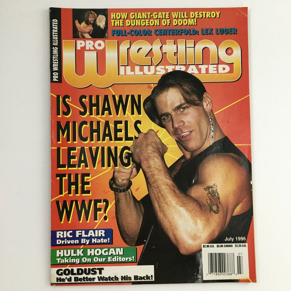 Pro Wrestling Illustrated July 1996 magazine cover featuring Shawn Michaels and Hulk Hogan, showcasing headlines about wrestling rumors and matches.