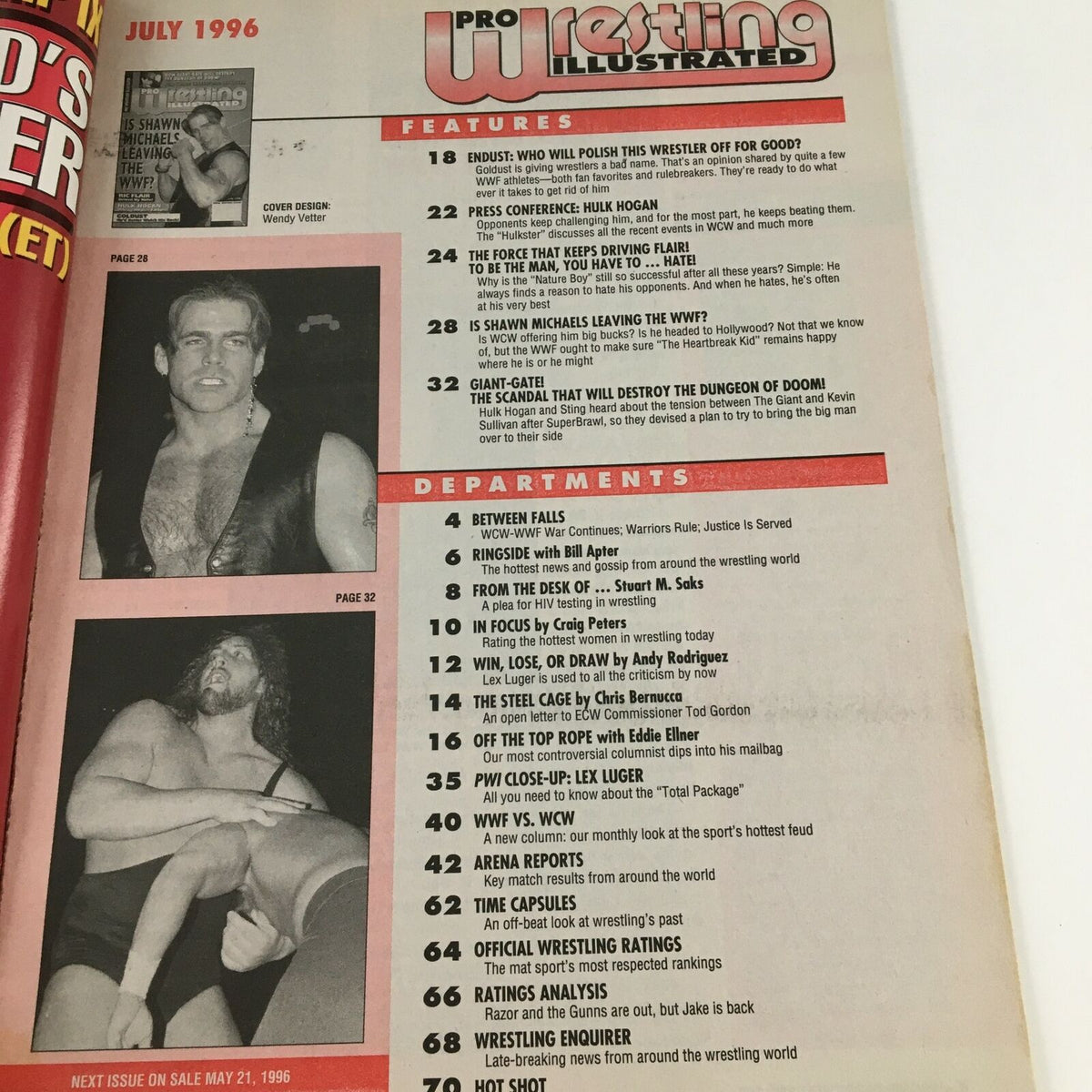 Inside page of Pro Wrestling Illustrated July 1996, displaying features and departments related to wrestling, including topics on Shawn Michaels and wrestling events.