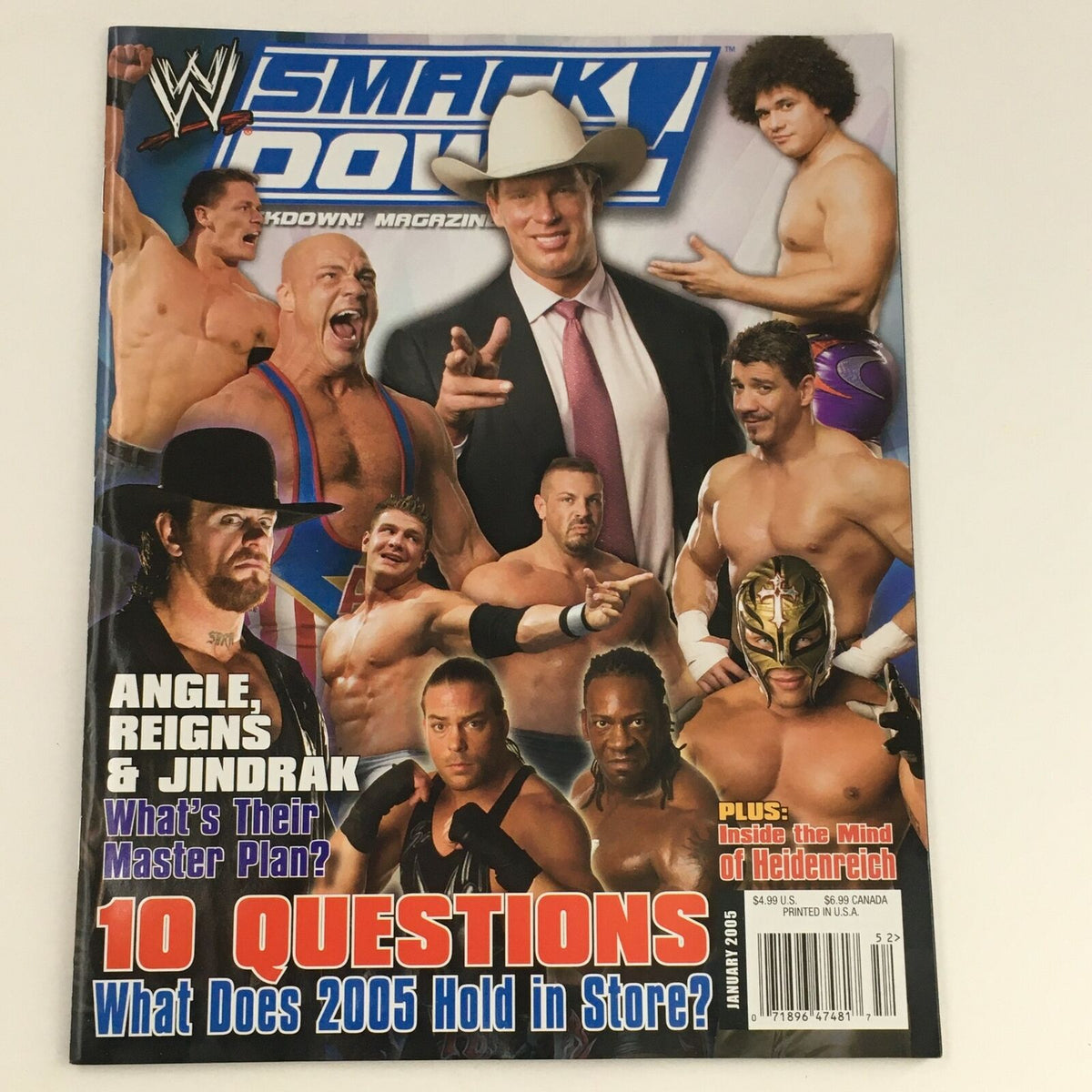 WWE Smack Down Magazine January 2005 cover featuring John Cena and Rey Mysterio, showcasing wrestling stars and exciting content.