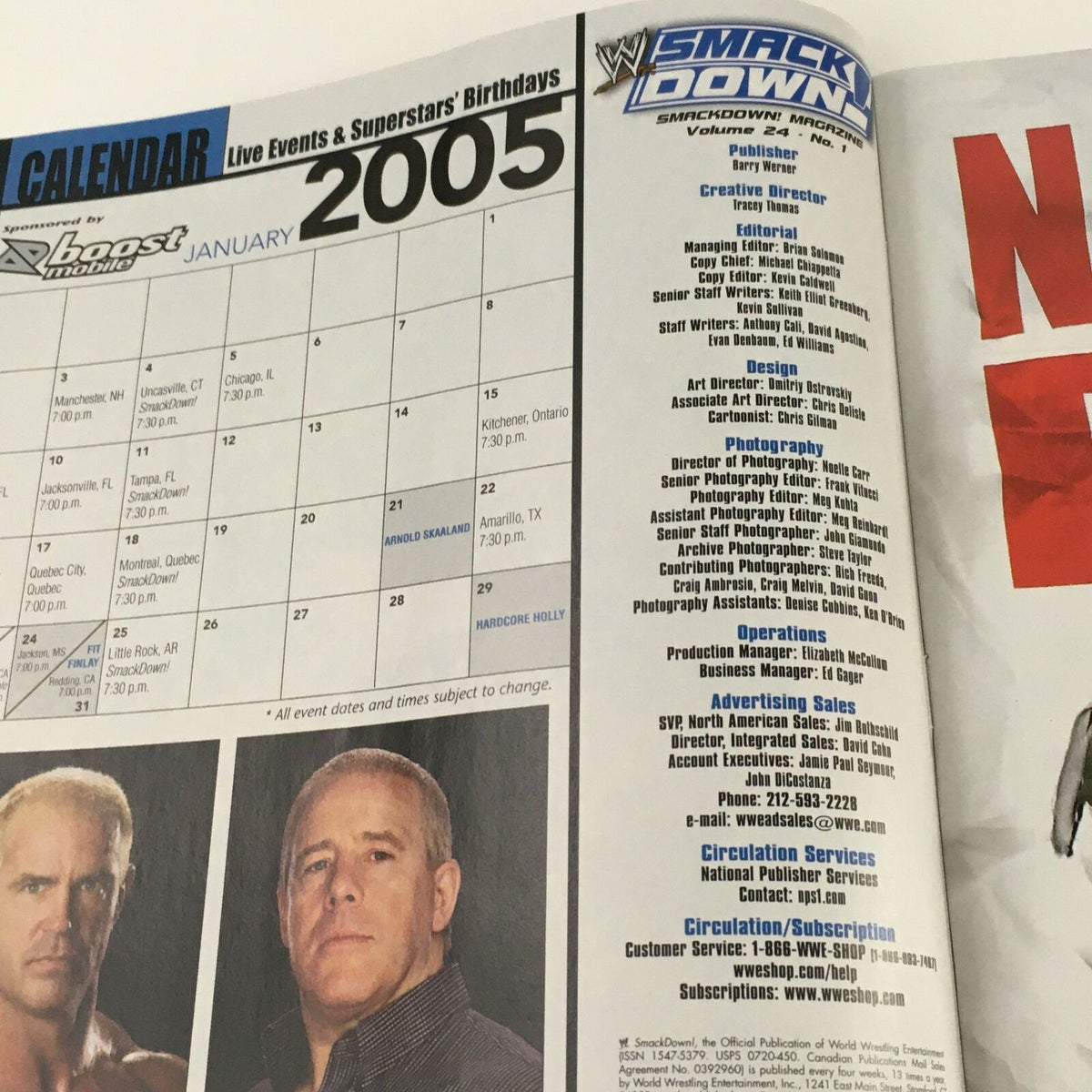 Inside page of WWE Smack Down Magazine January 2005 displaying the event calendar for January and information about live events and superstars' birthdays.