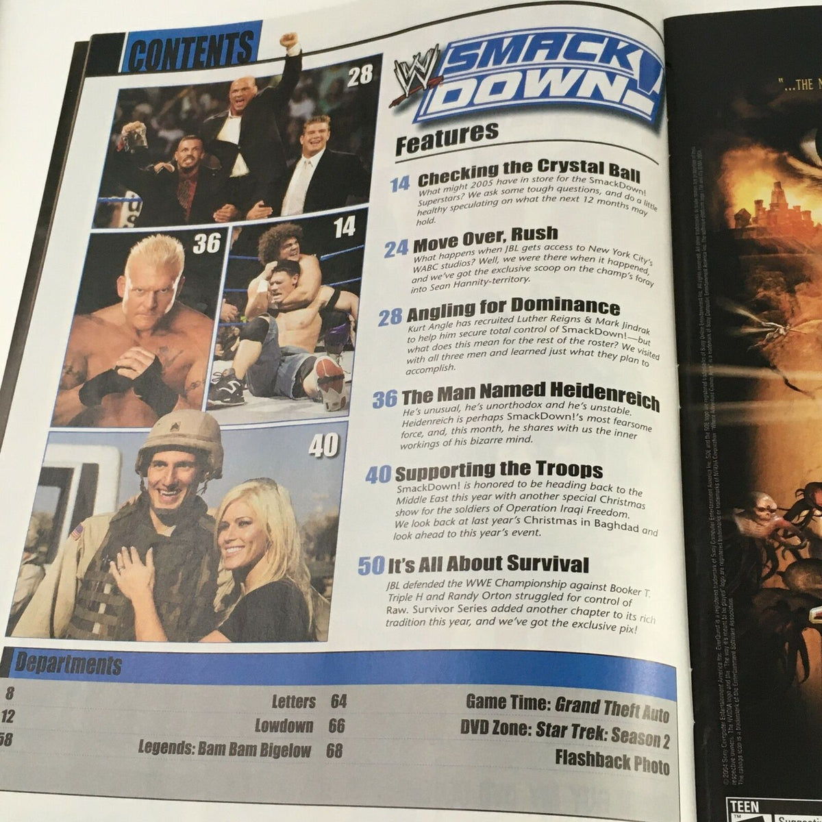 Table of contents from WWE Smack Down Magazine January 2005 highlighting featured articles and topics related to wrestling.