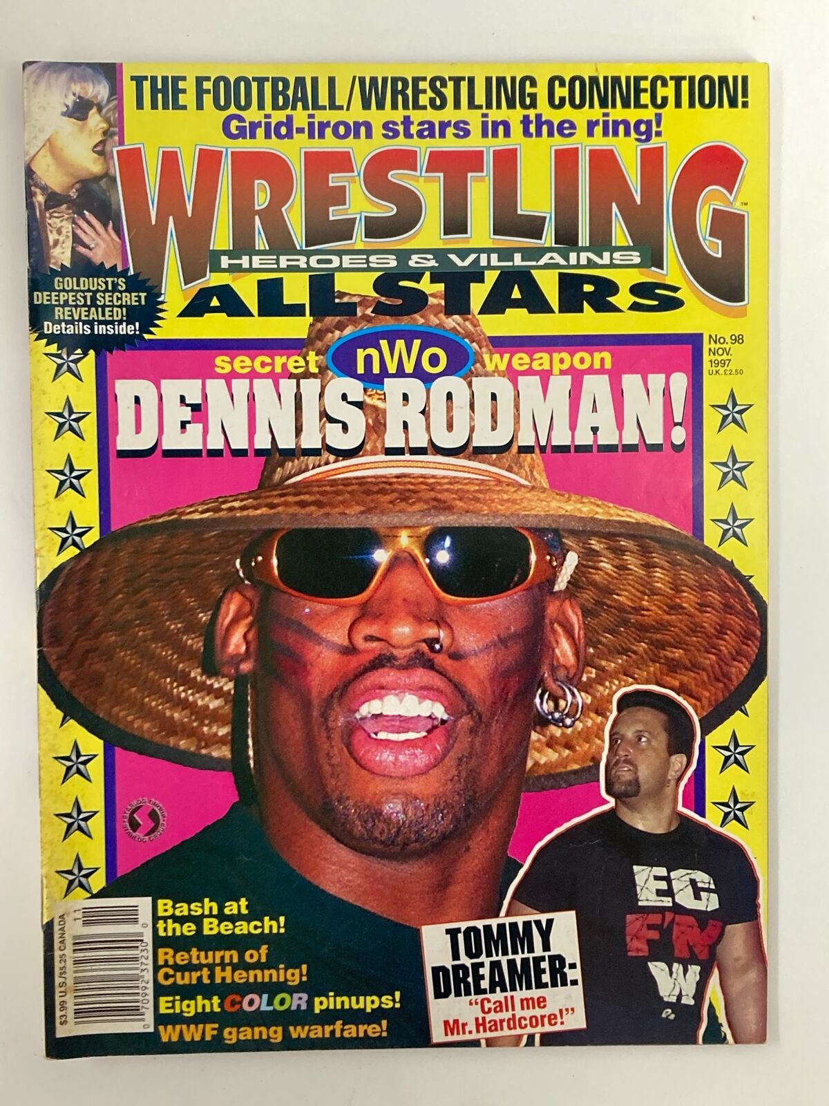 Cover of Wrestling All Stars Magazine #98 from November 1997 featuring Dennis Rodman, showcasing vibrant colors and iconic wrestling imagery with additional details on featured articles.