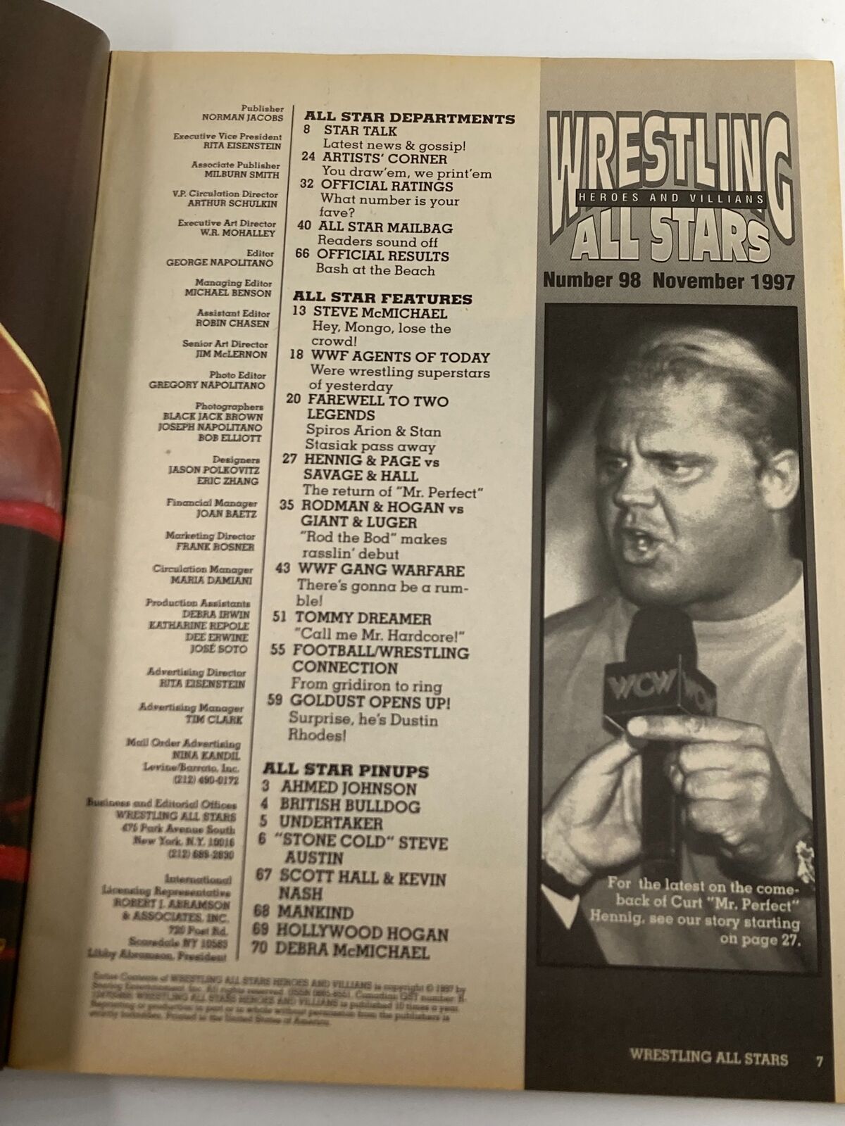 Interior page of Wrestling All Stars Magazine #98 from November 1997 listing the contents and features, including articles and pinups of wrestling legends.