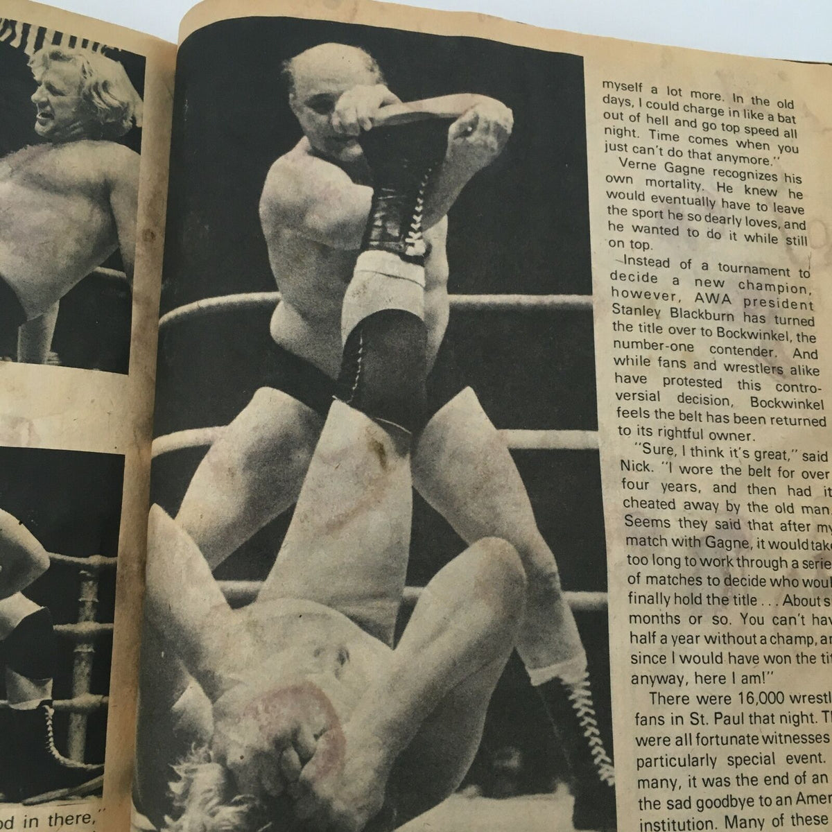 Close-up photo from The Wrestler Magazine October 1981 depicting an intense wrestling match scene, capturing the raw action and drama typical of professional wrestling during that era.