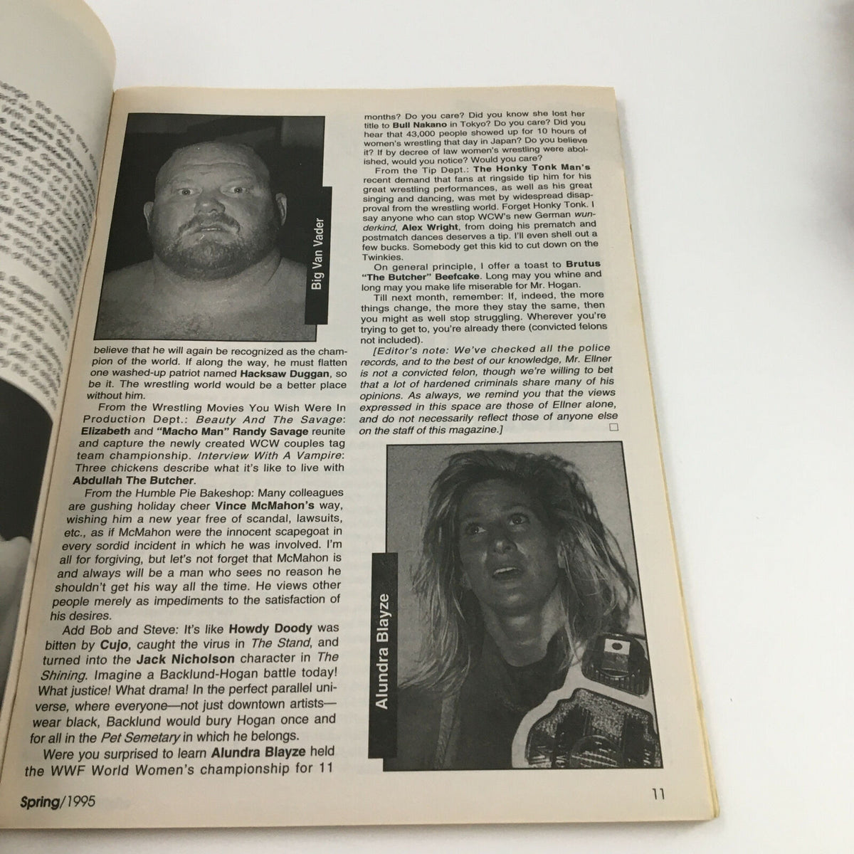 Page from Wrestle America Magazine Spring 1995 featuring a black and white image of wrestler Big Van Vader and Alundra Blayze, showcasing their highlights in the wrestling scene. Vintage collectible issue for wrestling fans.